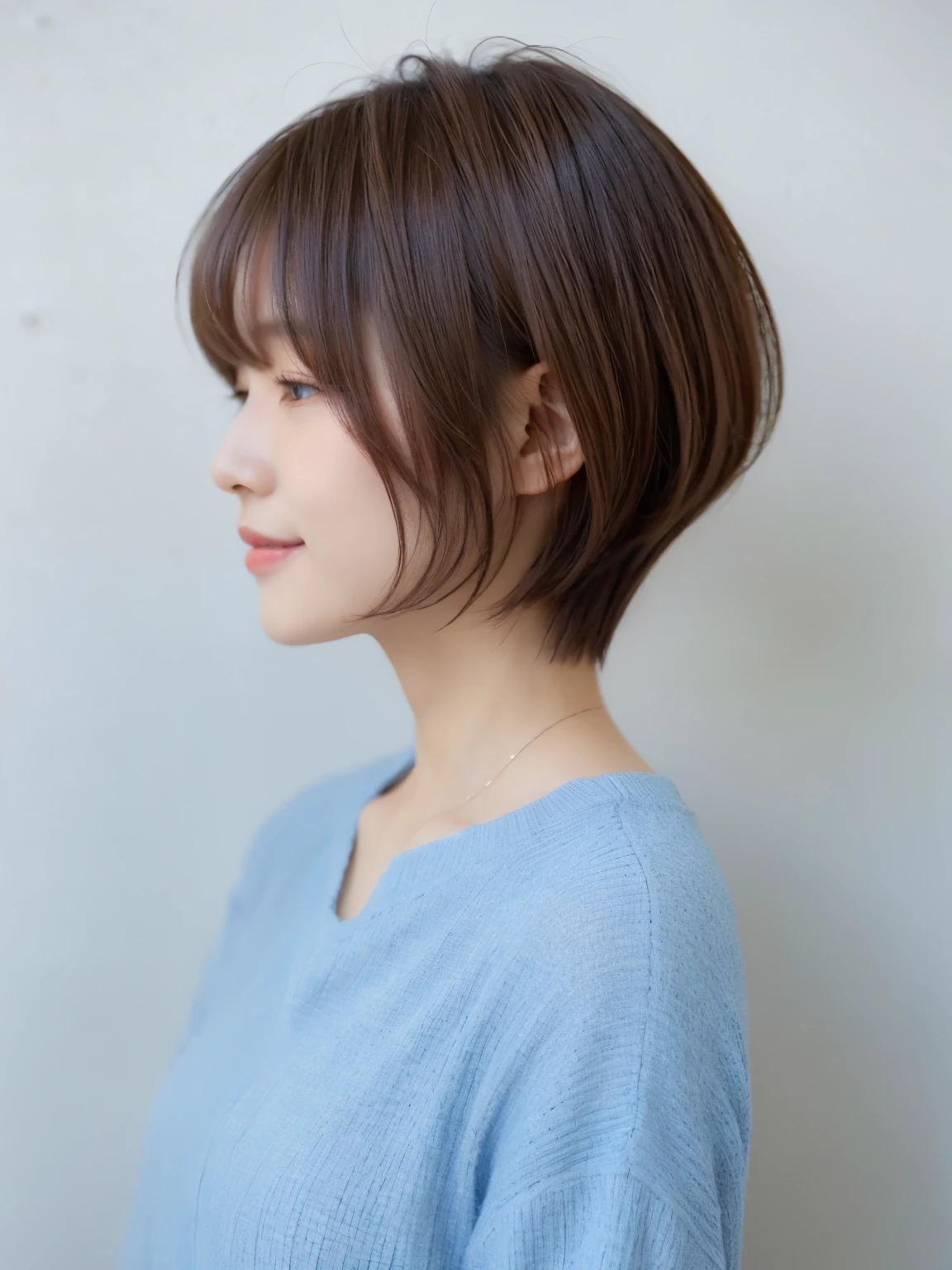 Concrete background、(8K、Raw photography、top-quality、masterpiece:1.2)、high-definition RAW color photography、professional photograpy、(realisitic、フォトrealisitic:1.37)、Shot in natural light、1girl in、A smile、Poses variadas、Crouch down、crouching down、BREAK (Ombre:1.3) 、Winter clothes、 Necklace、Light Blue Knit、(Beautiful profile:1.3)、Don't look at the camera、profile、short-cut、((Brown hair)、short-hair