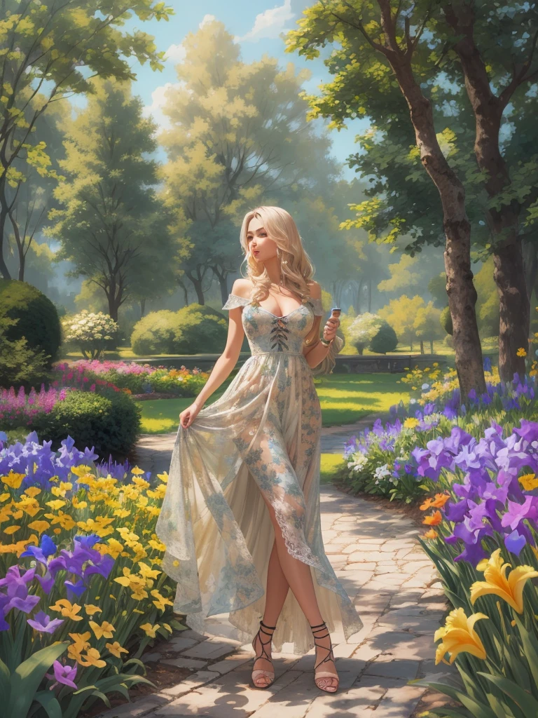 masterpiece, complimentary  solid outline colors,  spectacular quality, summer, European woman, stylish+long blonde hair,      wearing a floral long  front lace_up dress ,  lace trimming ,the skirt of the dress a sheer fabric, on her feet are a pair of sandal high heels,  angular posing, pay alot of impressive attention  by detailing her face, she is on an calming stroll in the park, in the background are: oak trees, tall beautiful weeping willows, lush greenery, nice clear blue skies, seen in the image is her whole form, with a full body portrait shot, a couple of compact pretty decorative colorful florals, iris, buttercup, flower lily, flowers tulip, light to semi-dark color scheme accent colors:ivygarden, second accent color:mimesia blue, this palette has neutral cool to warm color temperature
