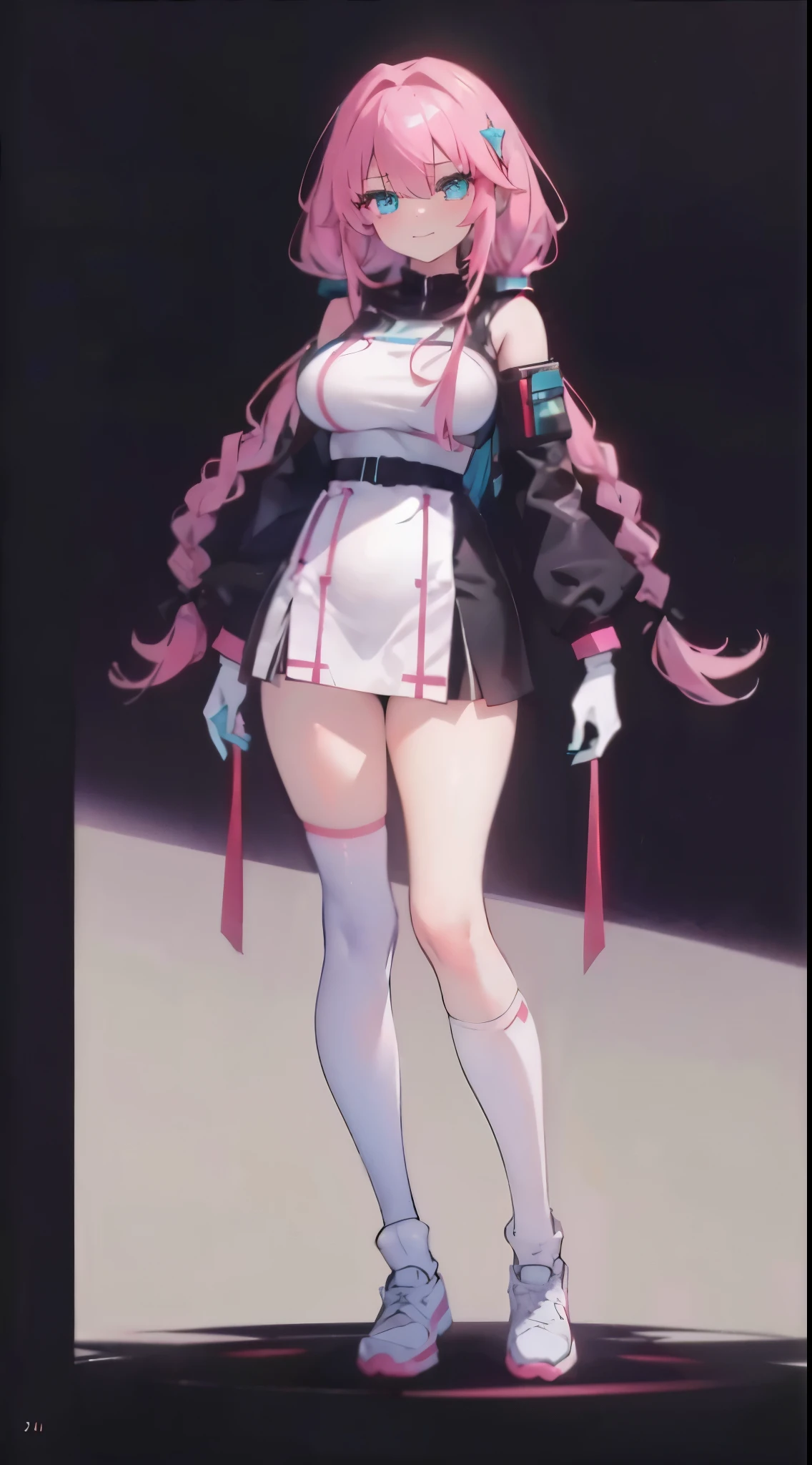 super precision,​masterpiece, top-quality,((Full body like)),(One girl), Detailed eyes, (Looking at Viewer:1.2), (Beautiful face:1.2),a beauty girl,Low twintail,Very long hair,(Pink gradient hair),Sauce order,(((Turquoise eyes))),gently smiling,Cyberpunk clothing,Cool clothes,((Black Gloves)),plump legs,Socks with different lengths on the left and right sides,long socks on the left,large full breasts,thick beautiful butt,Short stature,sixteen years old,(((simple background,)))