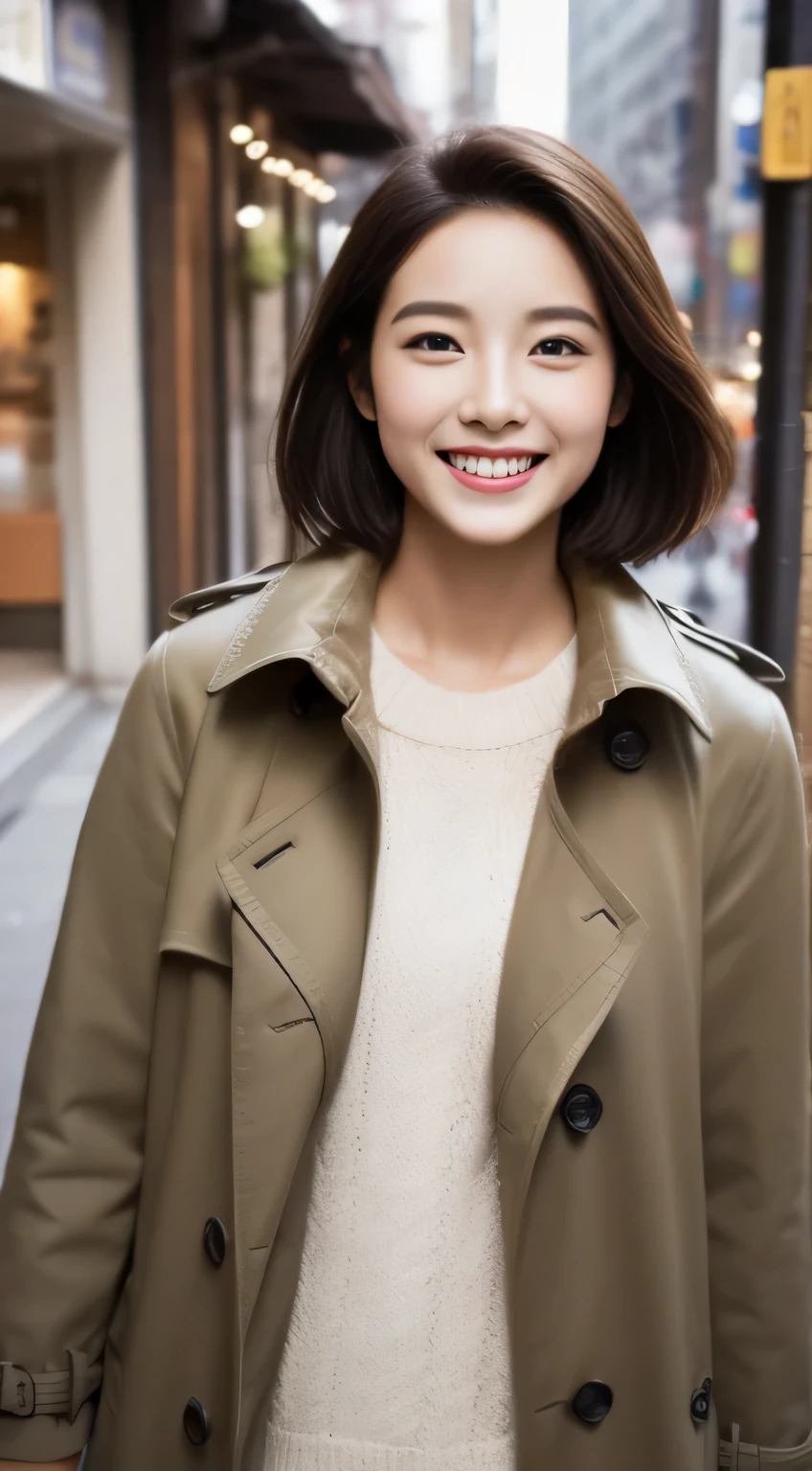 The face is a hostess、trench coat、hiquality、A hyper-realistic、healthy、Smiling expression、Slender perfect figure、Japanese beauty ace perfect、Beautiful skin、The upper part of the body、Christmas tree、Street
