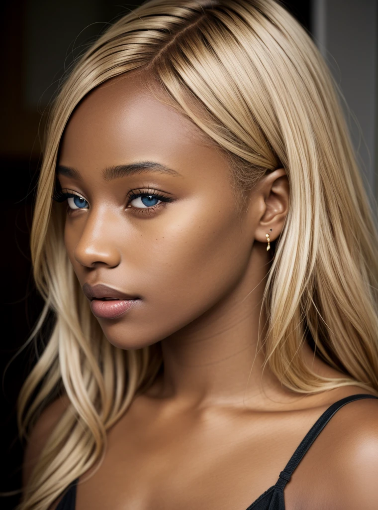beautiful woman, Alba Lawrence, dark skin, blonde hair, not looking at viewer, portrait