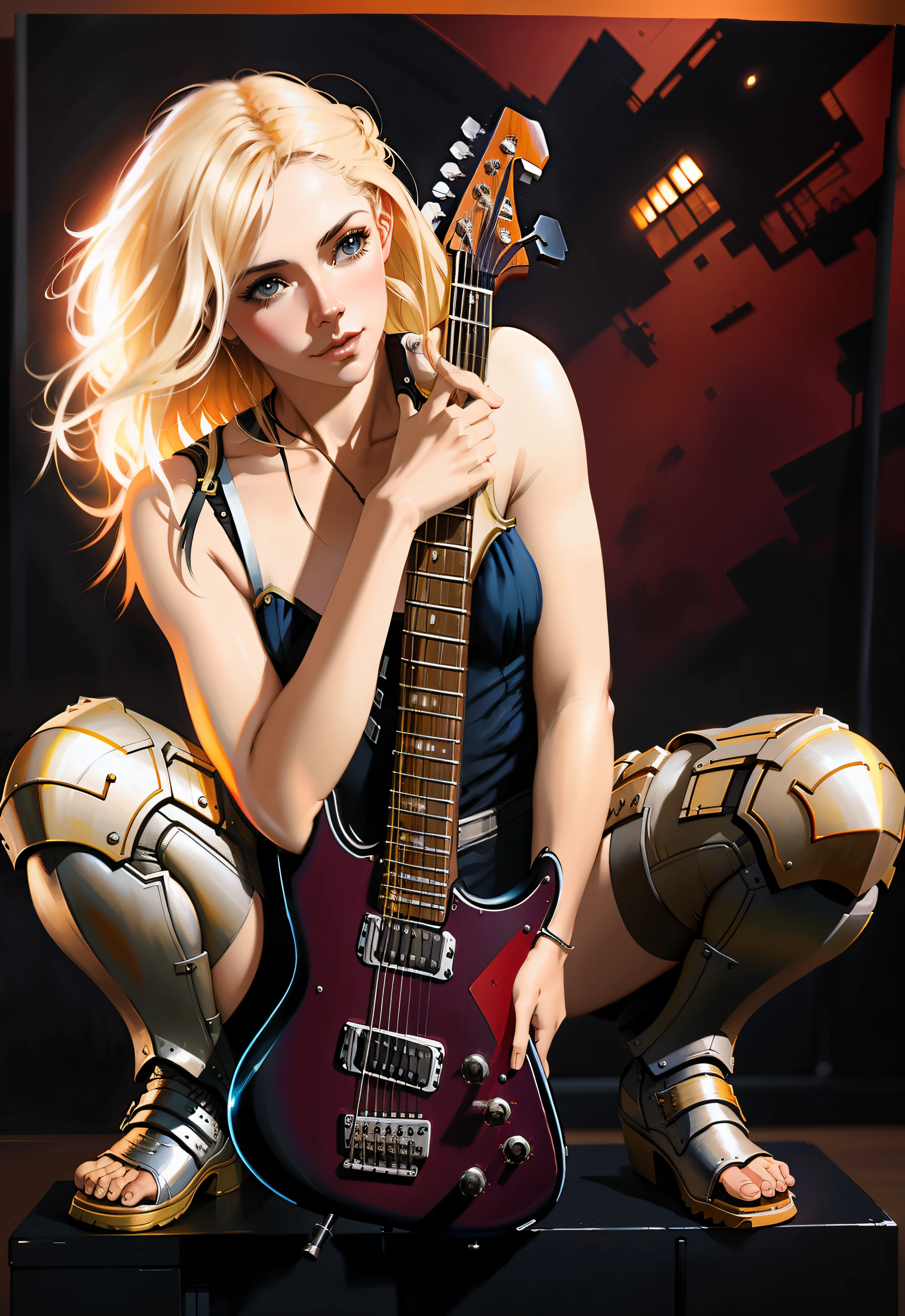 Mujer rubia con guitarra posando para una foto en un estudio., Artgerm Greg Rutkowski _ Greg, Adrian Smith Fantasy Art, James Gurney estilo de pintura, Chris Moore. Artgerm, artgerm moody photography, Artgerm extremadamente detallado, Alena Aenami y Artgerm, guitarrista, Artgasm, guillem h. Pongiluppi