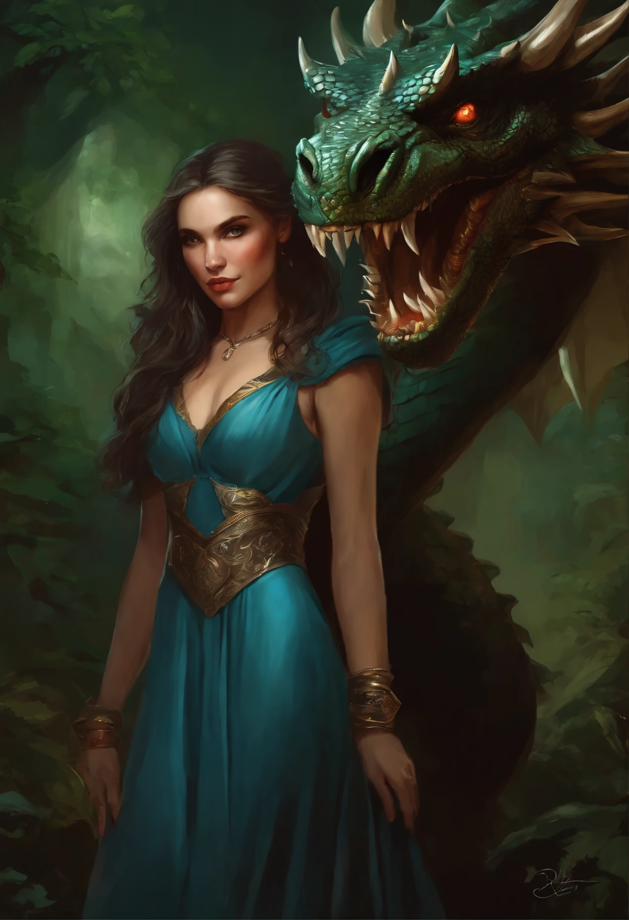 Green-eyed woman in a blue dress with a huge dragon behind her, with a dragon on his shoulder, Graphic artist Magali Villeneuve, the dragon girl portrait, inspired Magali Villeneuve, magali villeneuve', Fantasy genre portrait, epic fantasy art portrait, Abaddon and Magali Villeneuve, Magali Villeneuve, epic fantasy style art, charlie bowater rich deep colors