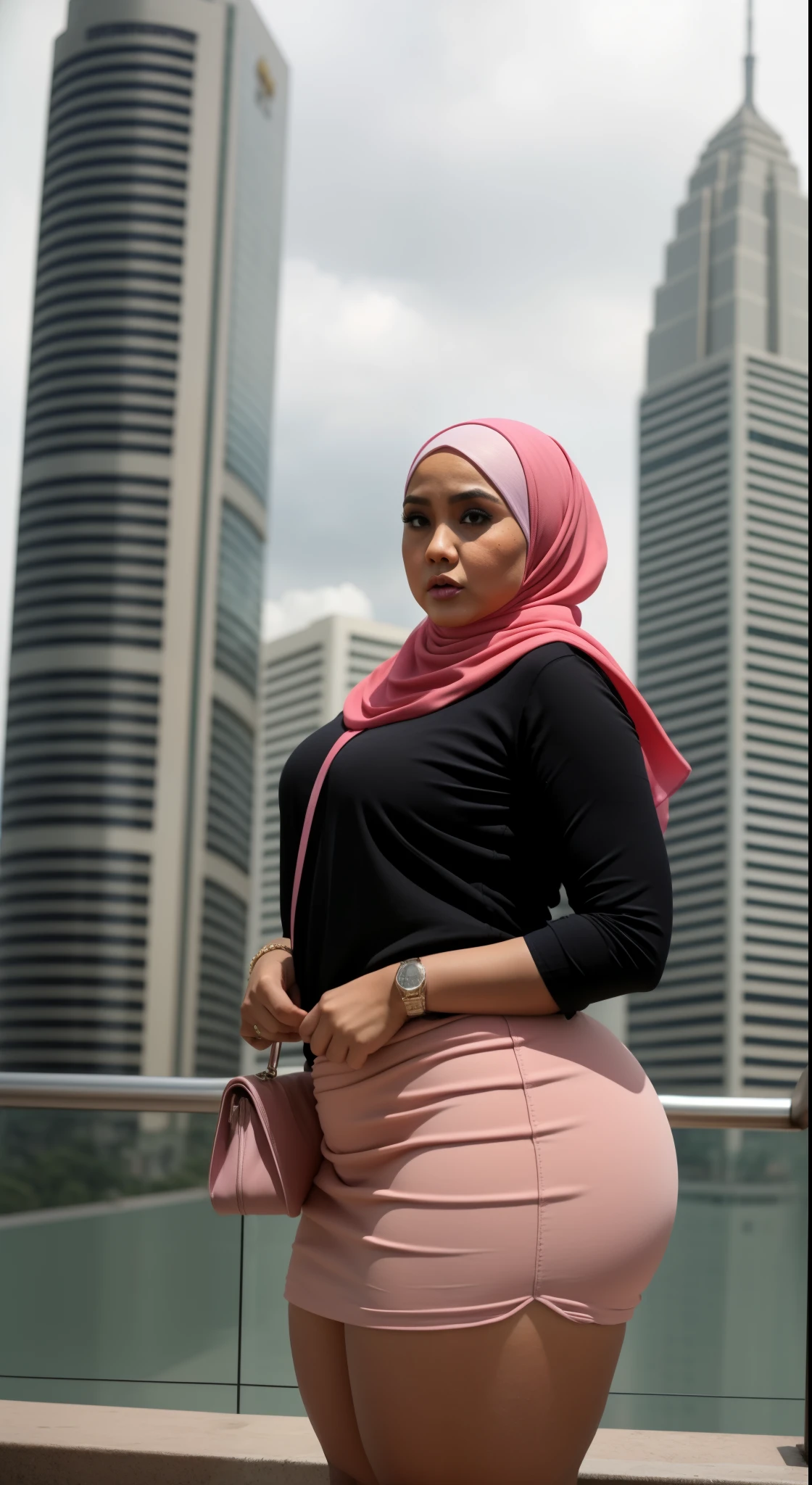 ((HIJAB MALAY GIRL)), ((BBW)), SHORTS, HUGE WIDE BUTT, WIDE BUTT, 63 YEAR OLD METURE women's, METURE women's, (PINK), (WESTERN BOOTS), (TIGH SKIRT), , tall buildings in background, twin towers, Kuala Lumpur,(ANGRY FACE EXPRESSION),