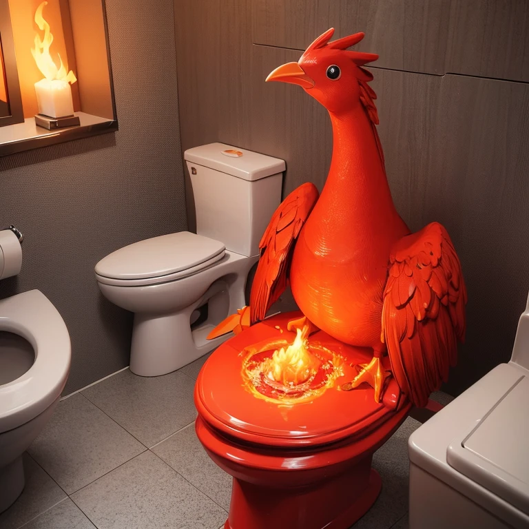 A human sized toy rubber chicken with a red beak is sitting on a toilet with flames coming out of its rear