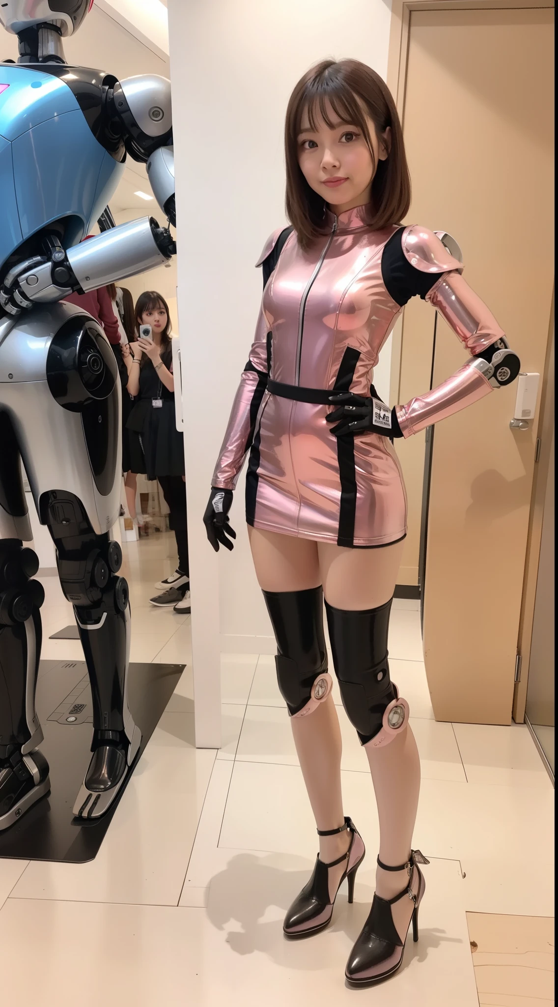 Robot Girl, pink there, Silver, Metallic body, Robot Parts, Metal Parts, Super Detailed Face, Super well-formed face, of the highest quality, a small face, small head, Brown hair, Slender body, Camera gaze, Internal Mechanical Exposure, Idol, front facing, Well-proportioned body, sale, exhibition, Event Hall, Moe Pose, pink metallic maid Dress Machine Armor, Standing with legs open, Hands on hips, Model body type, sad, Embarrassing,(Perfect Robot Girl),(Perfect machine body)