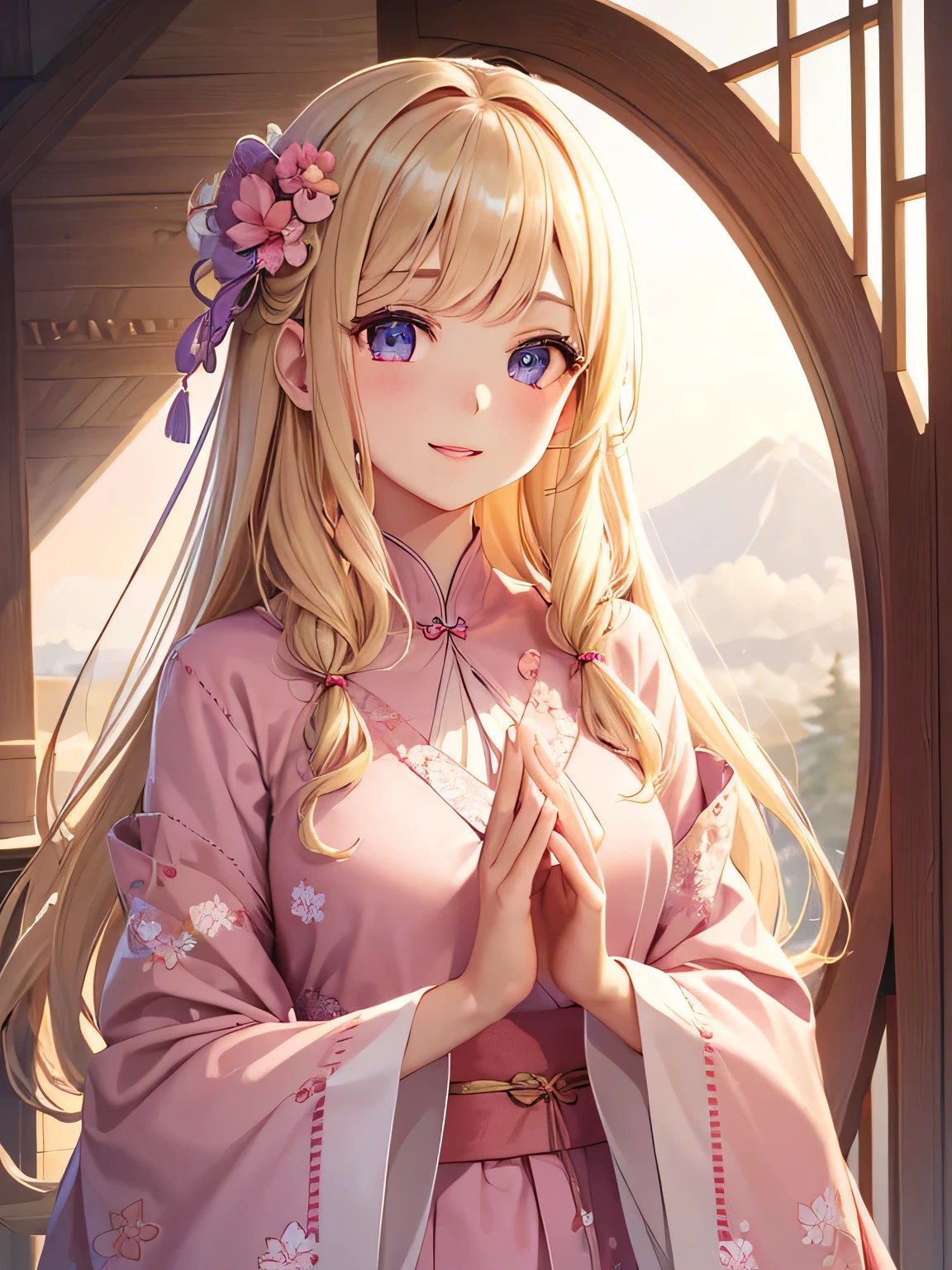 Beautiful blonde precise and detailed two side up hairstyle、Pink sundress、Floral kimono、1 moon、absurderes、Cute young lady、独奏、Boobs Boobs Deep and Detailed Eyes、Beautiful, Delicate and detailed purple eyes、Very beautiful and delicate shining eyes、Beautiful smile with attention to detail、;D、beautiful and delicate flowing hair、Beautiful delicate and detailed hands、Super beautiful illustration of breasts, delicate, detailed and natural beautiful fingers、to stand、Cute and beautiful, Beautiful face is very delicate and detailed、お1 moonの背景、Mt fuji、sunrises