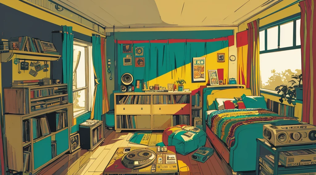 (reggae cassette tapes and records), (room with big speakers, rasta color curtains), (low contrast, flat color, limited palette)
