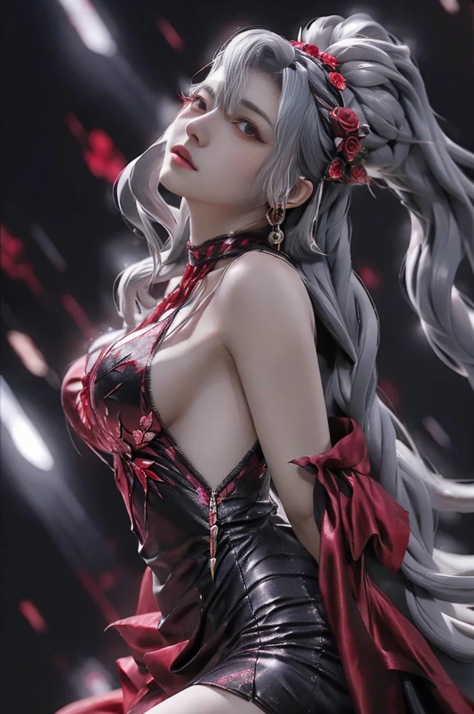 Best Quality, 1Girl, Solo, Long hair, Black dress, looking up at viewer, upper half body, Gray hair, roses in hair, blood red eyes, no stretcher