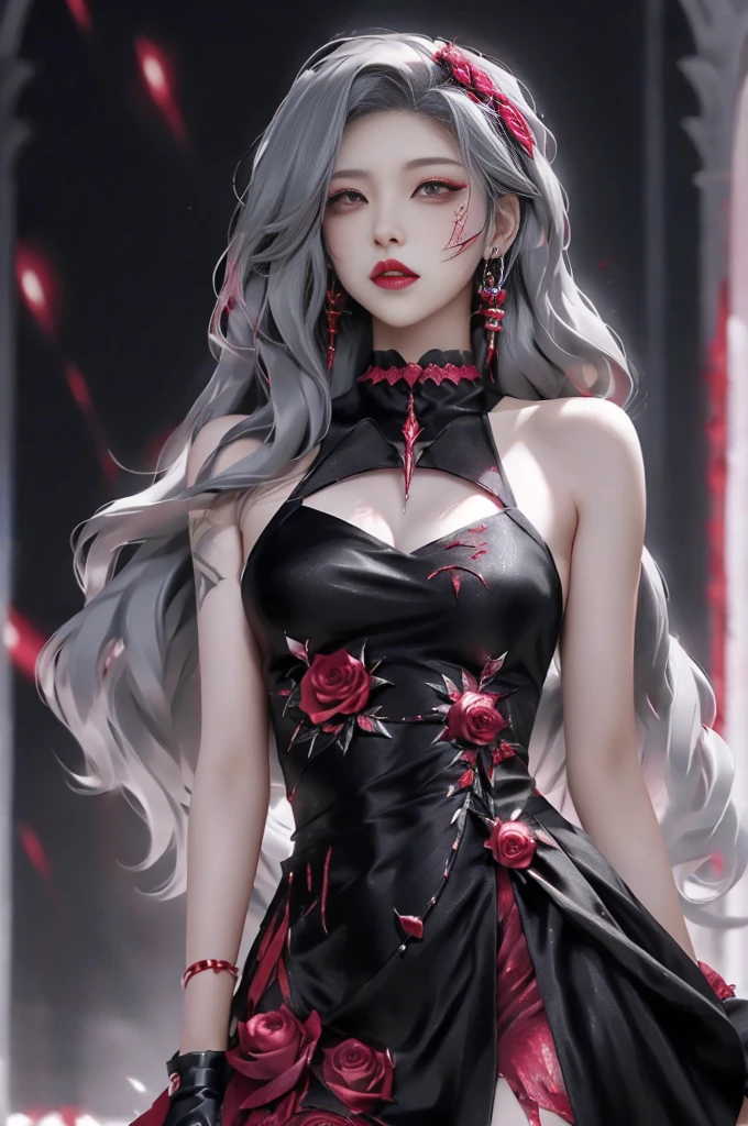 Best Quality, 1Girl, Solo, Long hair, Black dress, looking up at viewer, upper half body, Gray hair, roses in hair, blood red eyes, no stretcher