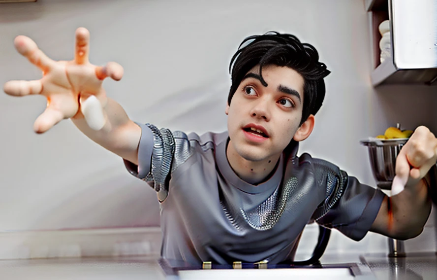 1 man, , black hair one side up, floating expressive hair, multi-tied hair, no pupils, devil eyes, in the kitchen, Satisfying