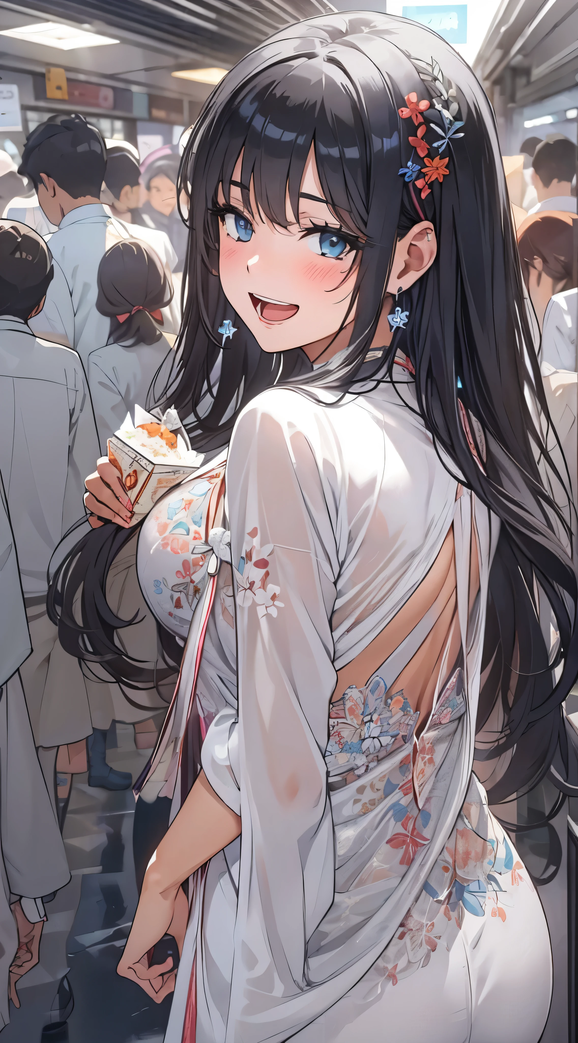 1womanl,Black hair,14years ,(()),Beautiful breasts,(((sexy white shiny cheongsam)))(())(((Blushing cheeks、Smile with open mouth)),(((Satin Narico))),((( portlate))),Crowds,white ceramic dress