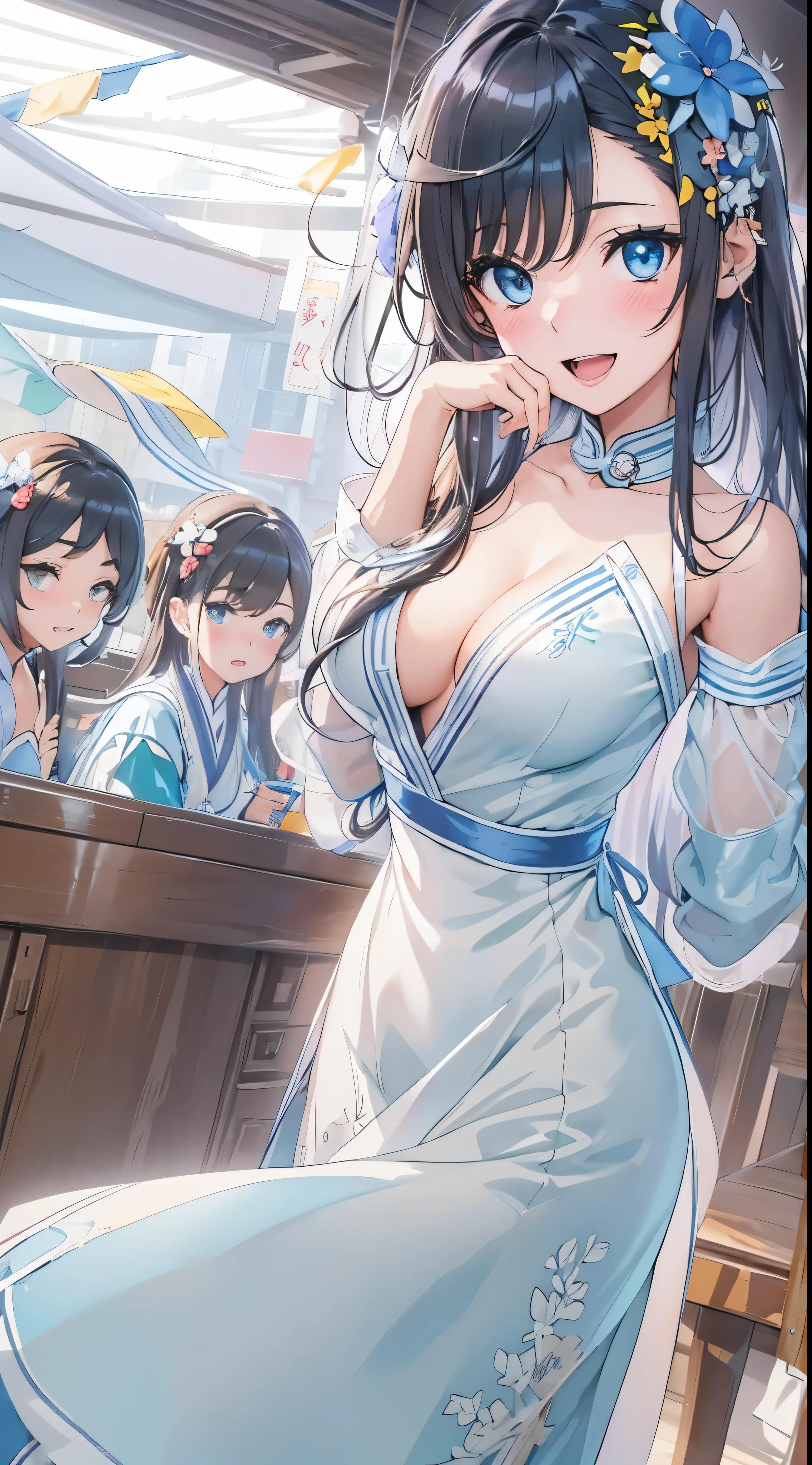1womanl,Black hair,years ,(()),Beautiful breasts,(((sexy white and blue shiny cheongsam)))(())(((Blushing cheeks、Smile with open mouth)),(((Satin Narico))),((( portlate))),Crowds,white and blue cheongsam