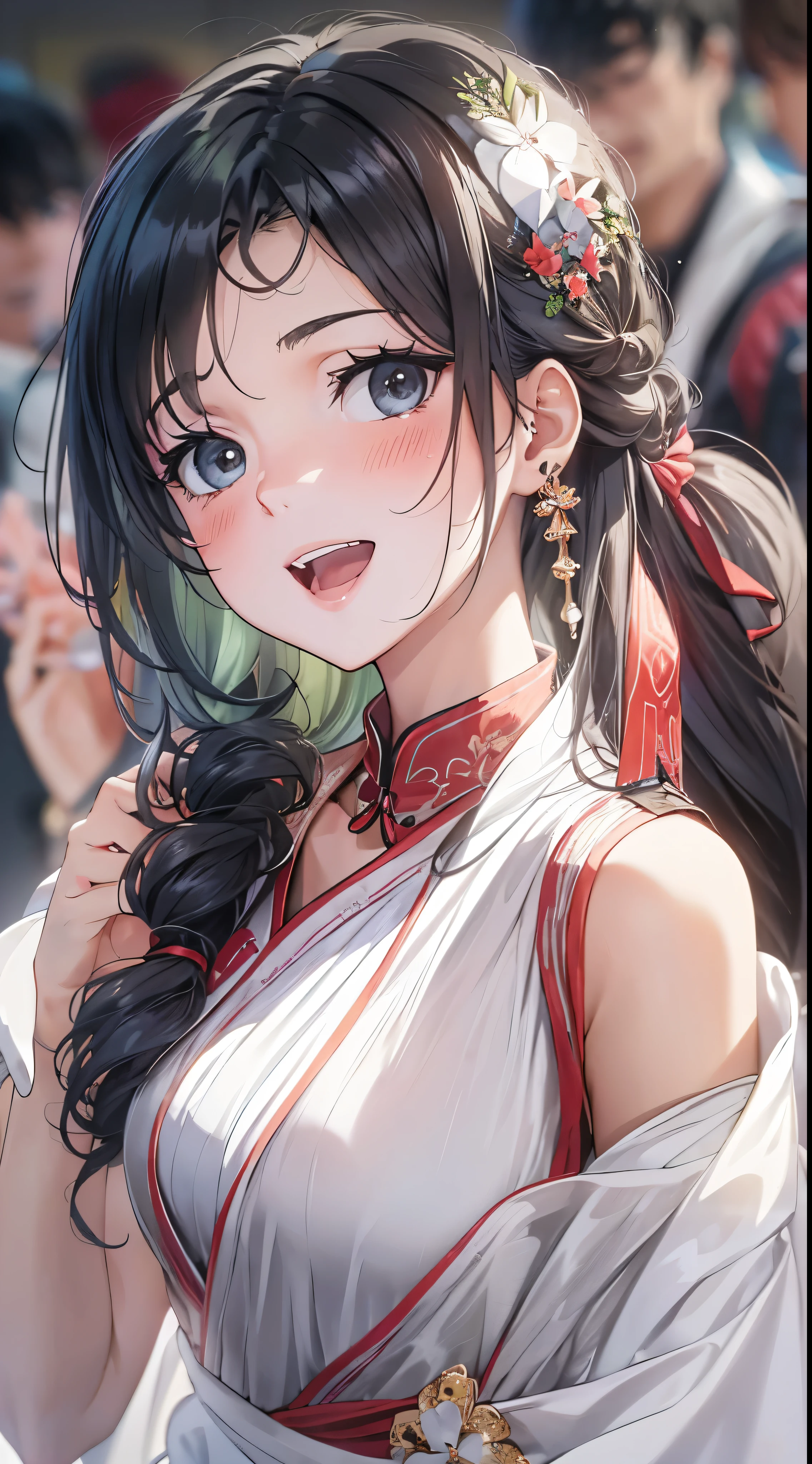 1womanl,Black hair,14years ,(()),Beautiful breasts,(((sexy white shiny cheongsam)))(())(((Blushing cheeks、Smile with open mouth)),(((Satin Narico))),((( portlate))),Crowds,white ceramic dress