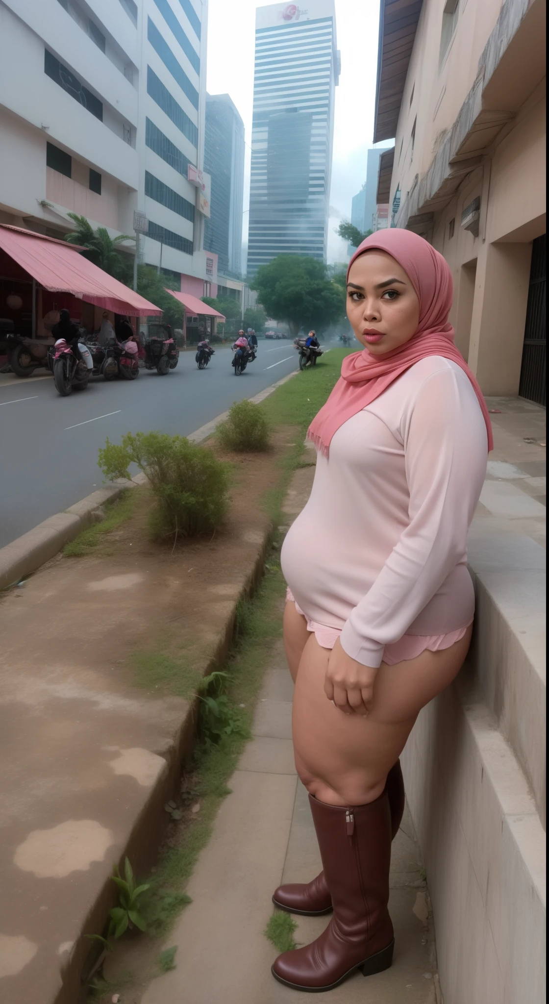 ((HIJAB MALAY GIRL)), ((BBW)), SHORTS, HUGE WIDE BUTT, WIDE BUTT, 63 YEAR OLD METURE women's, METURE women's, (PINK LIPS), (WESTERN BOOTS), (TIGH SKIRT), , tall buildings in background, twin towers, Kuala Lumpur,(ANGRY FACE EXPRESSION), TRANSPARENT, STAYING, THICK FOG. FOGGING,