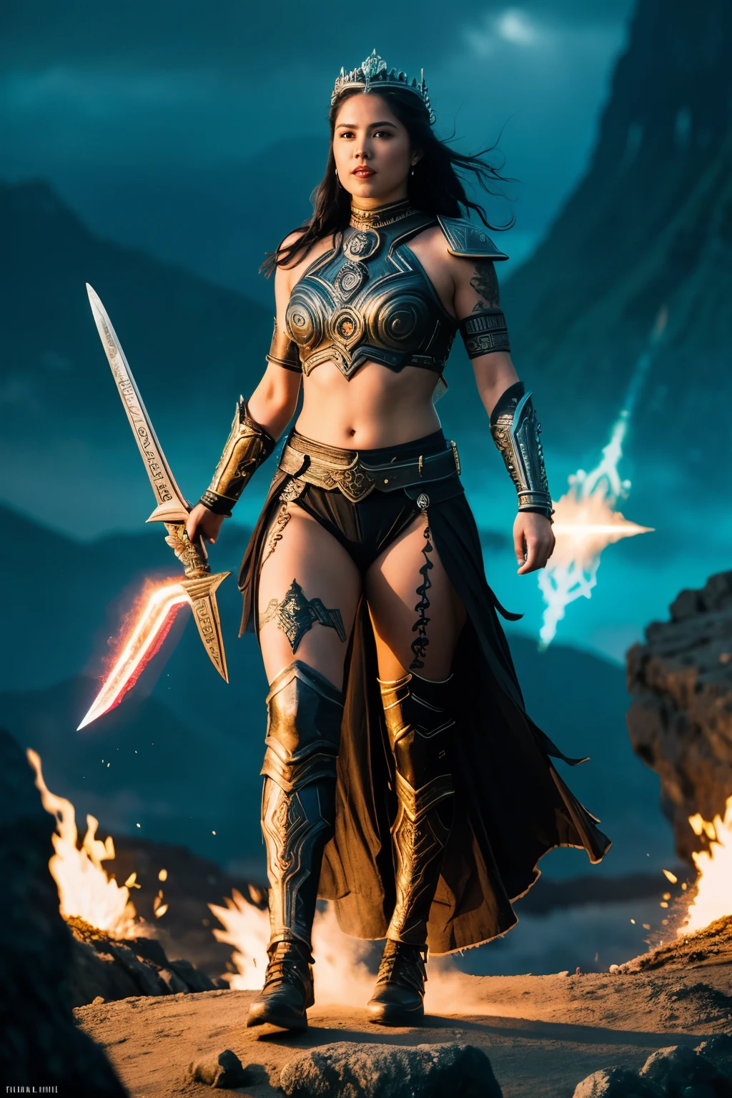 hyper ultra realistic photographs full body of In a world where technology and magic clash, a tattooed warrior queen rules from her volcanic throne. Her obsidian blade, etched with runes of power, sings with primal energy as she faces down cyborg assassins and bioluminescent monsters, defender of a dying world. ratio 16:9, 4k, 8k resolution, High quality photo, high detailed images