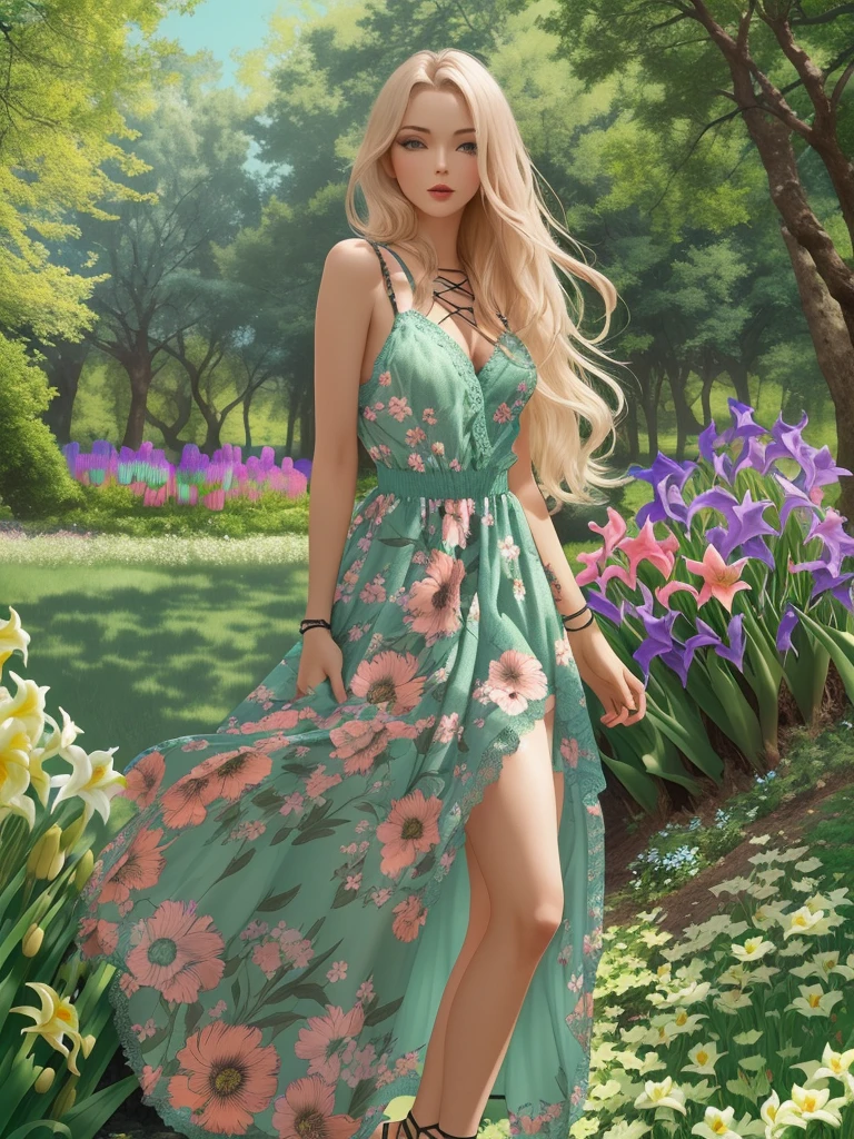masterpiece, complimentary solid outline colors, spectacular quality, summer, European woman, stylish+long blonde hair, wearing a floral long front lace_up dress , lace trimming ,the skirt of the dress a sheer fabric, on her feet are a pair of sandal high heels, angular posing, pay alot of impressive attention by detailing her face, she is on an calming stroll in the park, in the background are: oak trees, tall beautiful weeping willows, lush greenery, nice clear blue skies, seen in the image is her whole form, with a full body portrait shot, a couple of compact pretty decorative colorful florals, iris, buttercup, flower lily, flowers tulip, light to semi-dark color scheme accent colors:ivygarden, second accent color:mimesia blue, this palette has neutral cool to warm color temperature