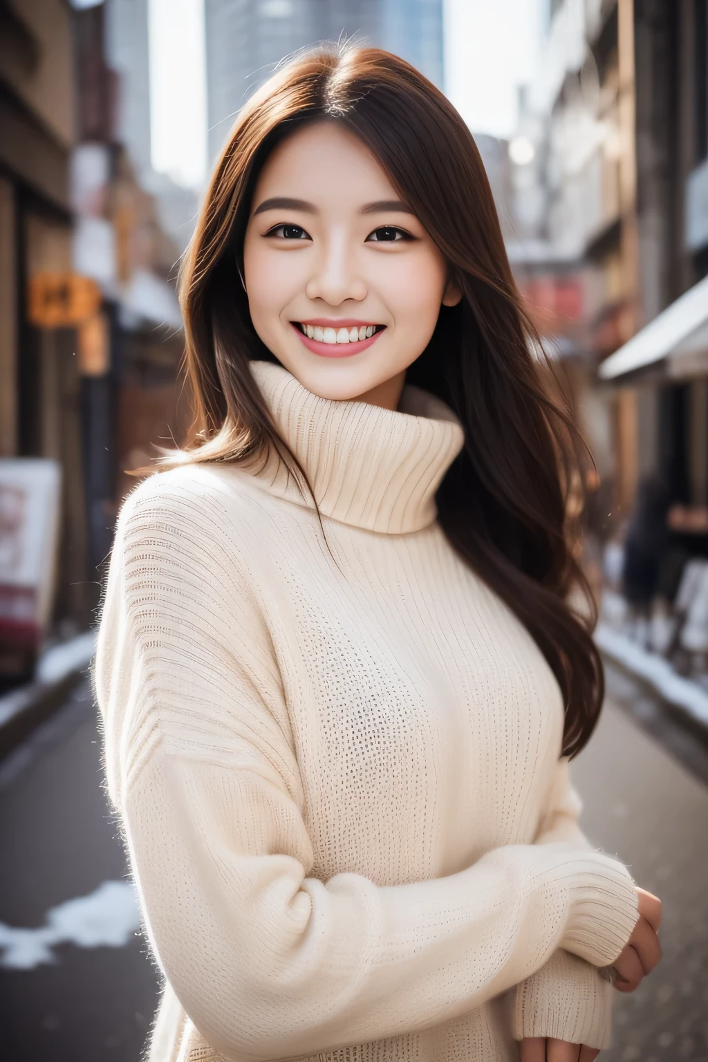 The face of the hostess、turtleneck wool sweater、hiquality、A hyper-realistic、healthy、Smiling expression、Slender perfect figure、Japan Beauty、 perfect eyes beautiful skin、The upper part of the body、Snowy city