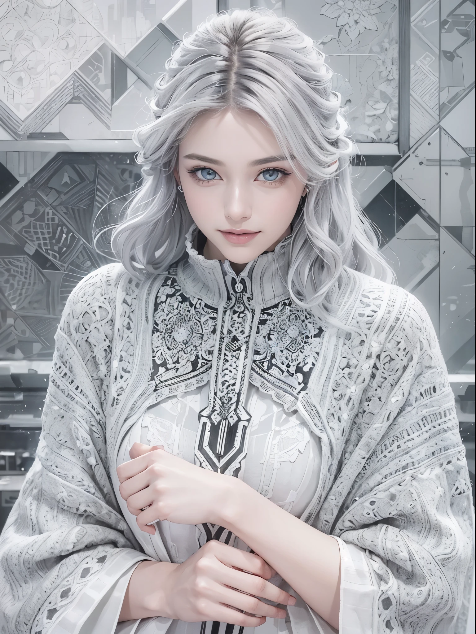 (Realistic:1.8), (Digital art:0.2), (Geometric art:1.7),(agpi official art, beautiful and aesthetic, ultra detailed, beautiful, masterpiece, best quality:1.6), (1girl:1.2), Detailed face, Detailed eyes, Detailed hair, young fingers, Detailed fingers, five fingerREAK cute ig model, Japanese cute model, 22 years old, Tightened all body, small head, small face, small mouth, diamond Face, small nose, Sharp Faceline, (dropy eyes, Double eyelid, Light color eyes, Glossy eyes, Shiny eyes:1.2), Shiny skin, shiny hair, (gray hair:1.2),
_
BREAK (happy, smile, Teeth, Glossy Lip:1.2),beautiful Teeth, (upper body:1.5), sitting, from front,
_
BACKGROUND
(gray urban cityscape with soft lights:1.3)BREAK

POSE
(standing gracefully with arms slightly extended:1.2)BREAK

CAMERA ANGLE
(angled slightly from above, capturing the flowing lines of the poncho:1.2)BREAK

OUTFIT
(fusion of black and white poncho with intricate geometric patterns:1.2), (black skinny jeans:1.1), (ankle boots with subtle pattern details:1.1), (minimalistic silver accessories:1.1)BREAK
