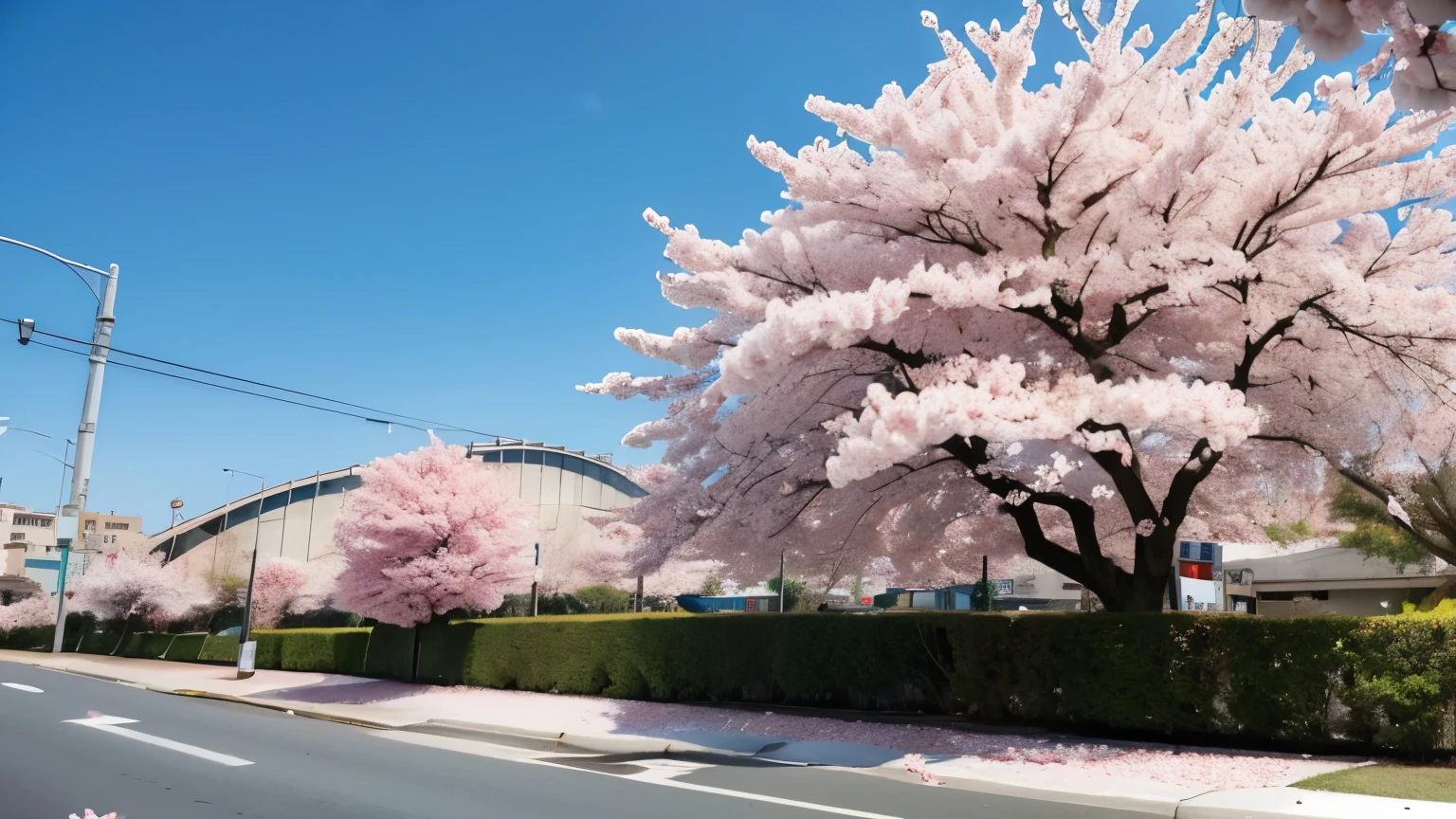 Large cherry blossom tree,petals,the street,freeway,