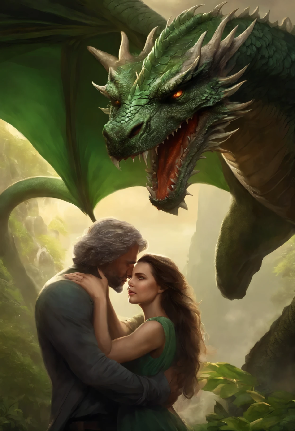 close-up of a green-eyed brunette with brown curls, hugging a gray-haired man, near a huge green dragon, epic fantasy art style, dark fantasy style art, detailed fanart, fantasy portrait, artistic portrait in epic fantasy style, graphic artist magali villeneuve, male portrait in fantasy style, The Man with the Soul of a Dragon, epic fantasy style art, epic fantasy digital art style
