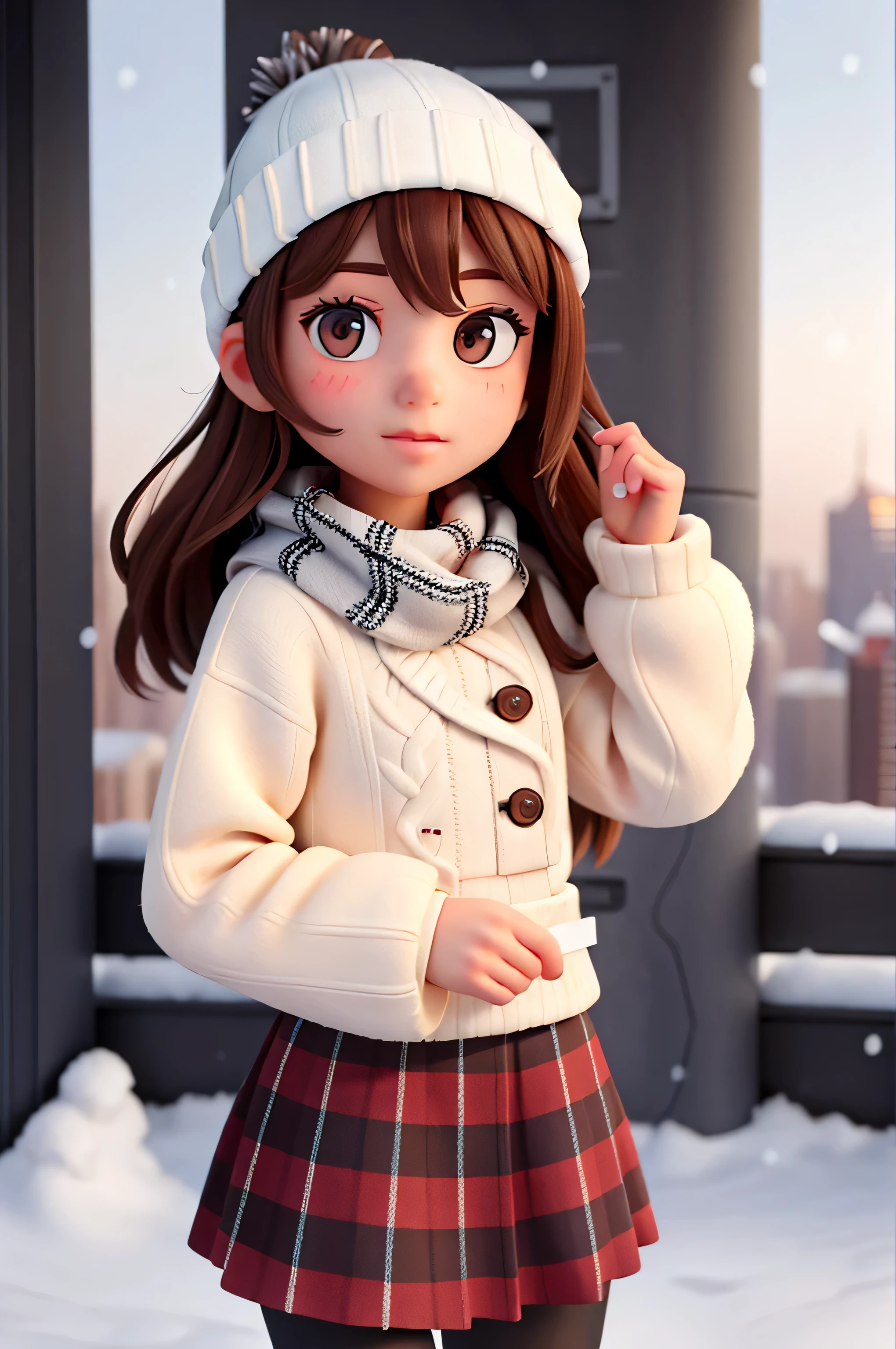 {there is a young girl out on a balcony of a new york highrise in the middle of winter. she is beautiful, and attractive. she is wearing a thick black jumper and red checkered skirt. she is also wearing black leggings underneath her skirt. she also has a knitted scarf on, and a knitted beanie. she has beautiful long brown hair, and beautiful hazel eyes. it is extremely cold outside, and it is snowing. you can barely see any other buildings in the far background as there is also fog around. there is also some snow on her as she is outside.}, {best quality}, {{masterpiece}}, {highres}, {{{8k}}}, extremely detailed girl, {{{caucasian skin}}}, {{{detailed face}}}, {photo-realism}, {{perfect anatomy}}, sharp focus, {{{character{1 girl}}}}, solo, {{{{{sharp focus}}}}}, {{{detailed cloth texture}}}, {{{detailed skin texture}}}, {{{smooth lighting}}}, {{australian decent}}, {{18-years old girl}},
