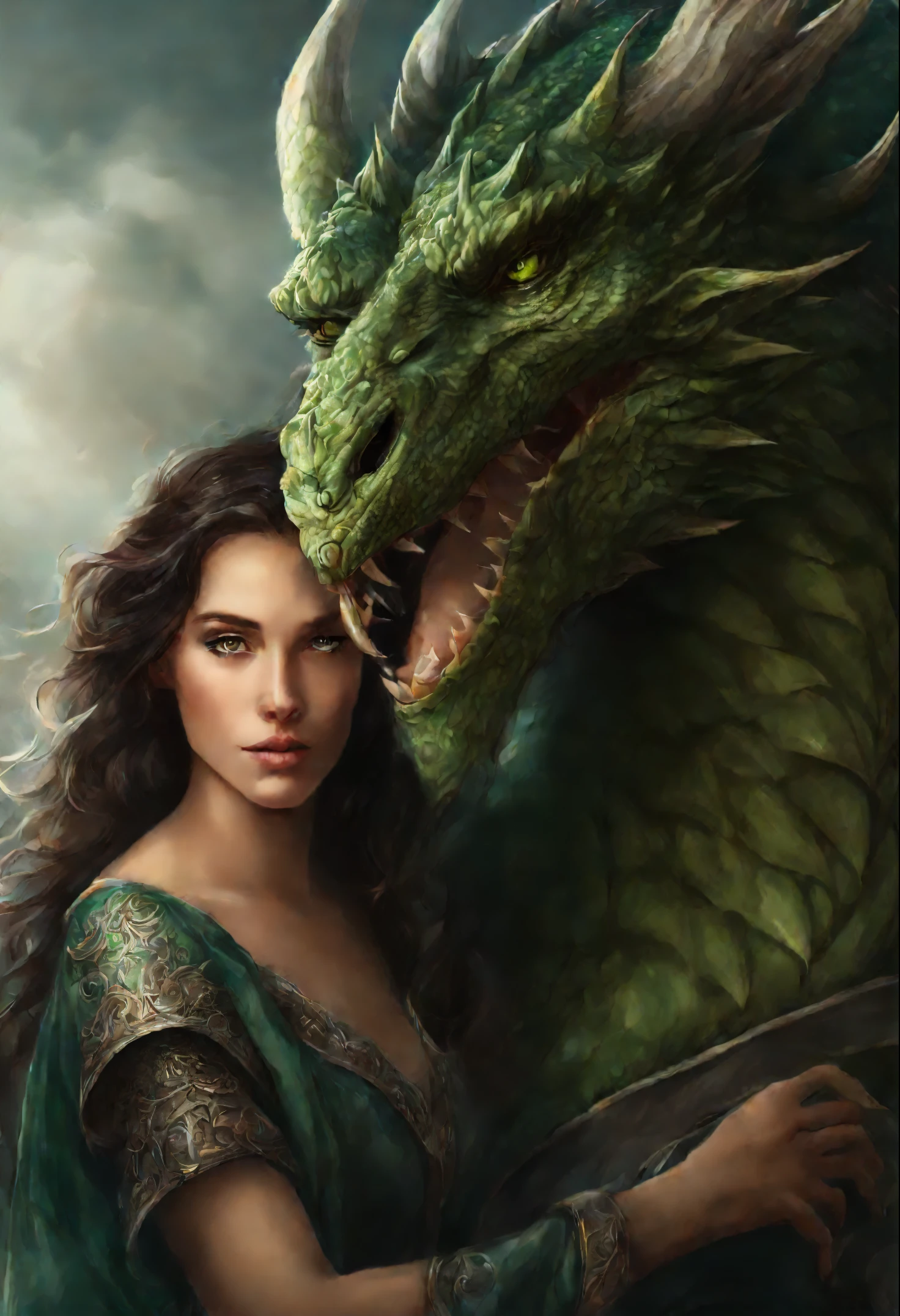 close-up of a green-eyed brunette woman with brown curls, hugging a gray-haired man, near a huge green dragon, epic fantasy art style, dark fantasy style art, detailed fanart, fantasy portrait, artistic portrait in epic fantasy style, graphic artist magali villeneuve, male portrait in fantasy style, The Man with the Soul of a Dragon, epic fantasy style art, epic fantasy digital art style