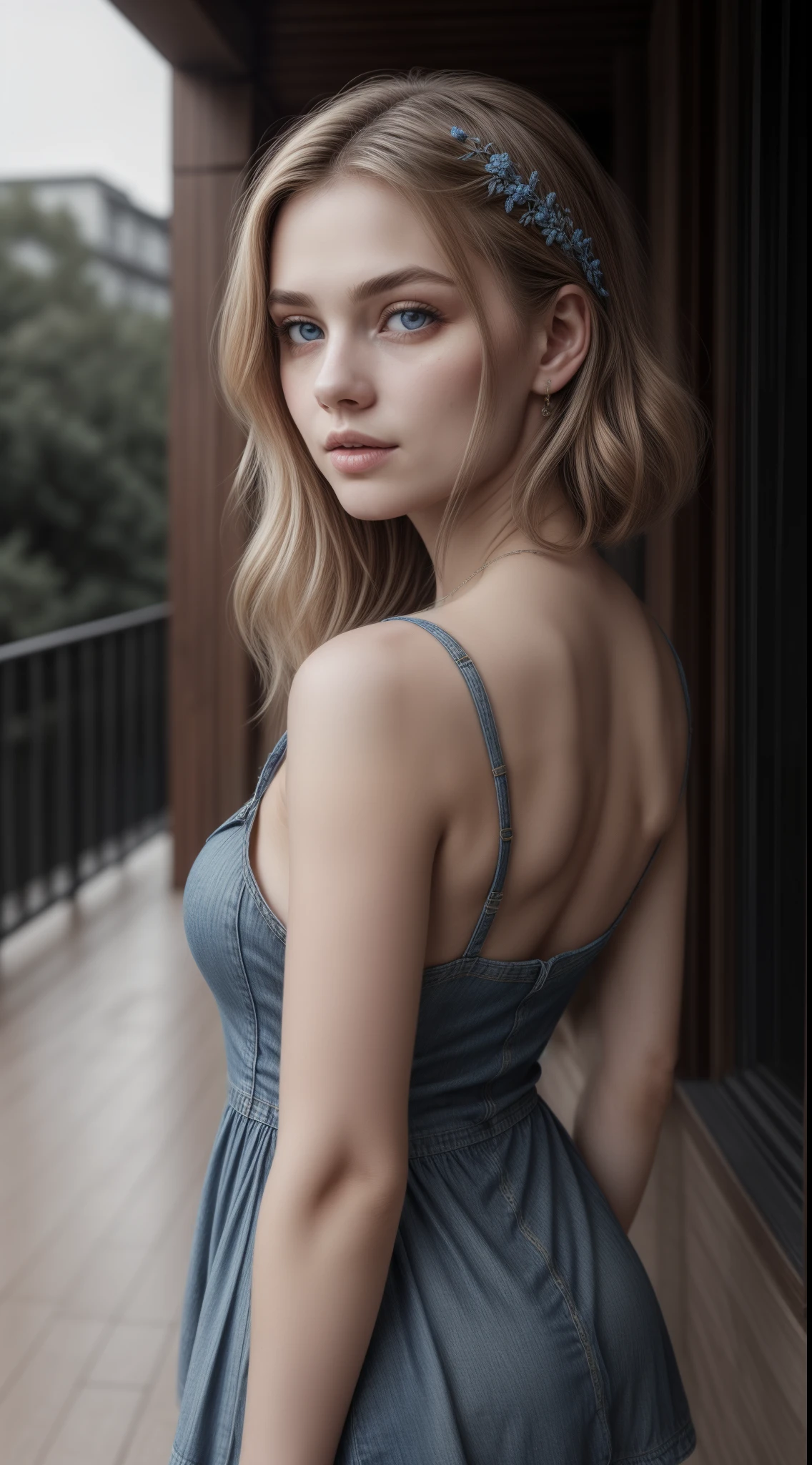 (masterpiece), (realistic: 1.3), finely detailed, fine, Rembrandt lighting, (masterpiece: 1.2), (photorealistic: 1.2), (best quality), (detailed skin: 1.3), (intricate details), dramatic, ray tracing, Russian young girl, 20 years old, happy, cute oval face, blue eyes, white hair, cascade bob hairstyle, pale skin, moles, thin, small breasts, wide hips, (denim sundress on a naked body), on the veranda, 8k uhd, dslr, soft-lighting, hiquality, film grains, Fujifilm XT3