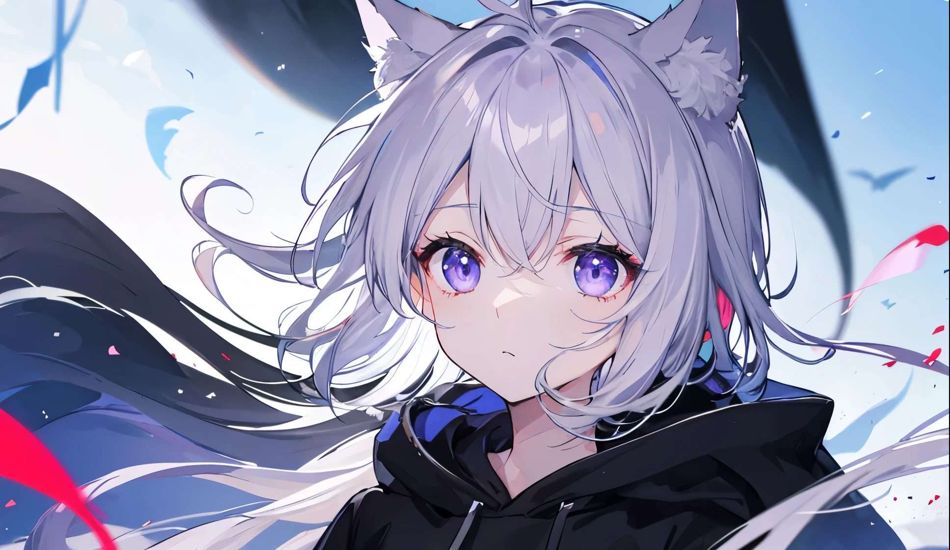 ((Best Quality)),up、Looking up from below、Wearing a black hoodie、looked lonely、He had gray hair and furry ears.、eyes are purple、wolf girl。The back is black。The wind is blowing、Hair is fluttering。