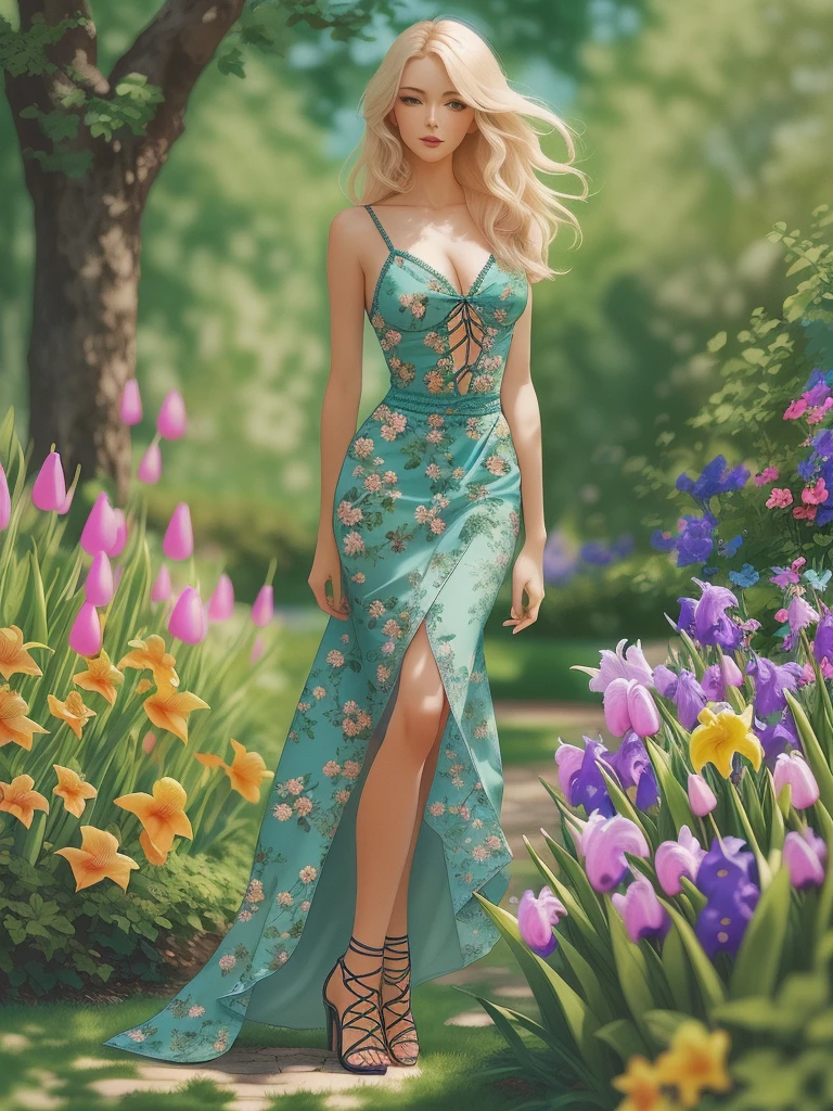 masterpiece, complimentary solid outline colors, spectacular quality, summer, European woman, stylish+long blonde hair, wearing a floral long front lace_up dress , lace trimming ,the skirt of the dress a sheer fabric, on her feet are a pair of sandal high heels, angular posing, pay alot of impressive attention by detailing her face, she is on an calming stroll in the park, in the background are: oak trees, tall beautiful weeping willows, lush greenery, nice clear blue skies, seen in the image is her whole form, with a full body portrait shot, a couple of compact pretty decorative colorful florals, iris, buttercup, flower lily, flowers tulip, light to semi-dark color scheme accent colors:ivygarden, second accent color:mimesia blue, this palette has neutral cool to warm color temperature, balance the focus of the background and the foreground