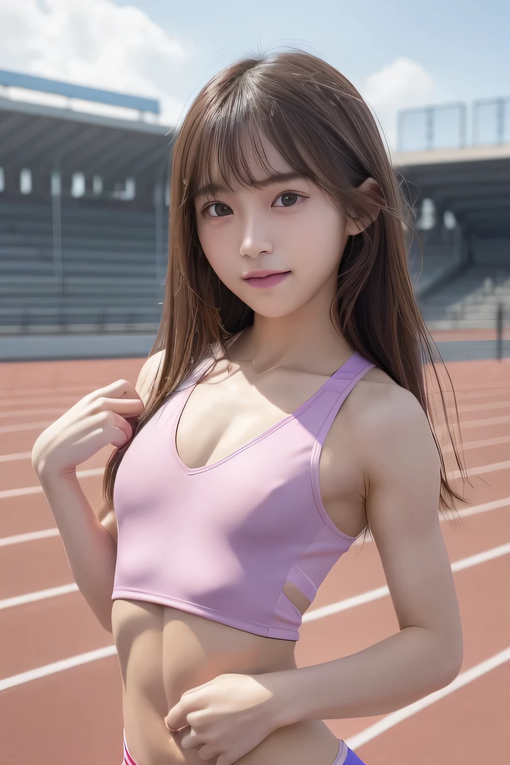 hight resolution、8K Portrait、Unity 8k壁紙のhigh-detailCG、Unity 8k壁纸、Highly detailed CG Unity 8k wallpaper、逼真、realperson、cute little、 Portrait photos、shinny skin、high-detail、(sixteen years old:1.2)、(1人)、Beautiful clear eyes、Ultra-fine depiction、delicated face、Lovely lips、skinny  body、big breasts thin waist、Thin leg、(Track and Field Arena:1.6)、(flat chest:1.8)、(Colorful athletic uniforms:1.4)、(My nipples hurt:1.5)、(Cute smile:1.2)、(abdominals:1.5)、(small tit:1.5)