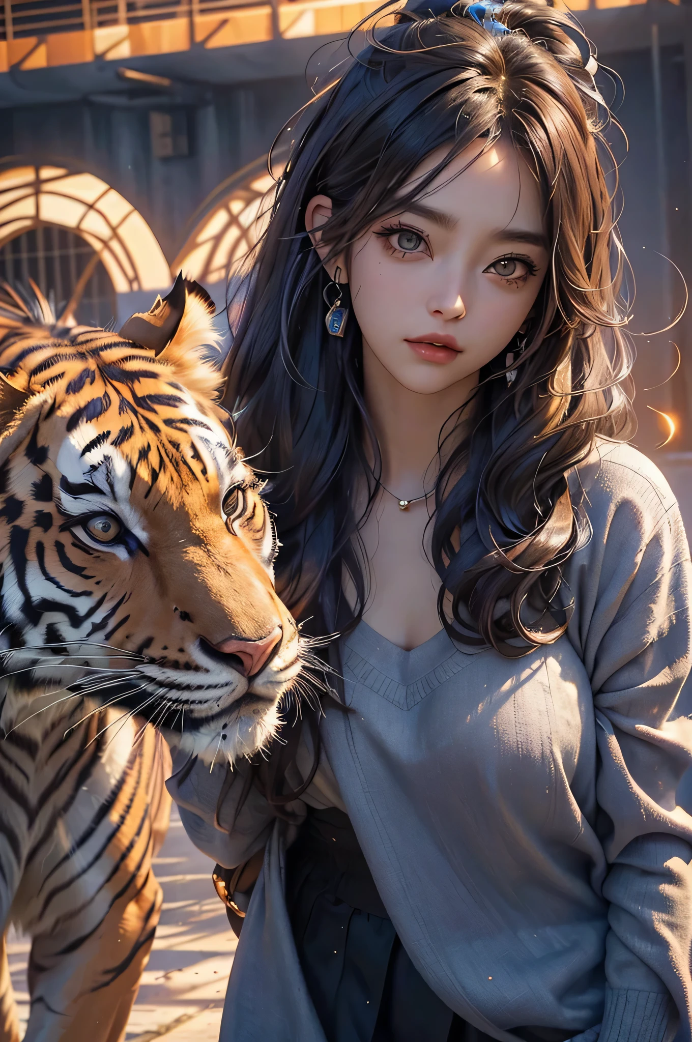 (masterpiece, high quality, highres,illustration), 1girl, galaxy multicolored hair in New york city playing with a lion at night with orange fog, cybercity,