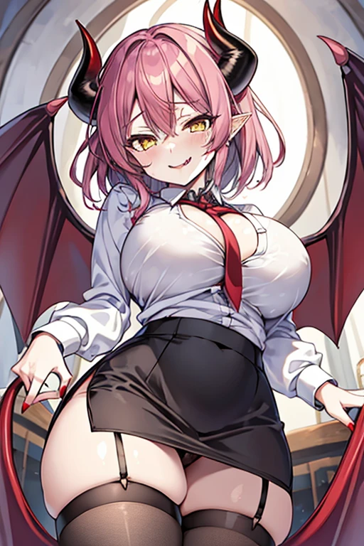 masutepiece,Perspective,POV,  From below, denier, Demon Girl, Demon Wings, red demon horns,Big breasts, Pink hair,Medium Hair,Yellow eyes,pointed ear cross halter:0.8),(White shirt:1.1), 鎖骨, Black pencil_Skirt, Stockings,Red Nails,Naughty face,Seductive smile,