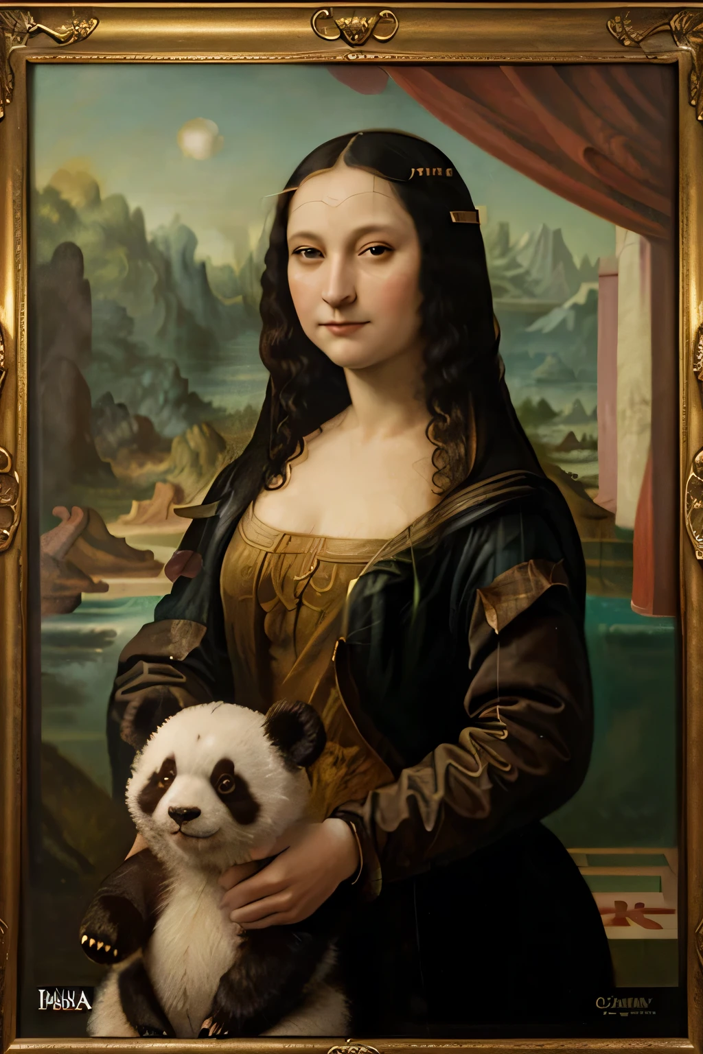 mona lisa's hand holding panda, human hand, realistic, skin, hd, 8K