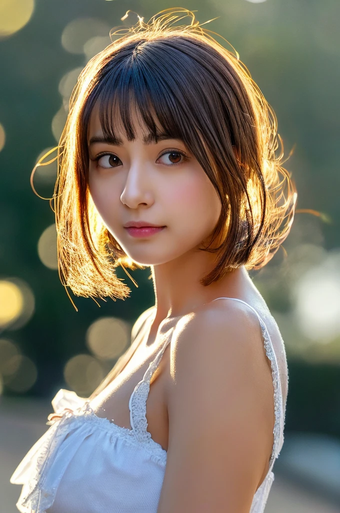 (8k, RAW photo, best quality, masterpiece:1.2), (realistic, photo-realistic:1.4), (extremely detailed 8k wallpaper), sharp focus, professional lighting, depth of field, cinematic lighting, outdoors, full body, athlete, looking at viewer, large breasts, realistic skin, realistic face, faint smile, short hair, breast cleavage, athlete shirt,