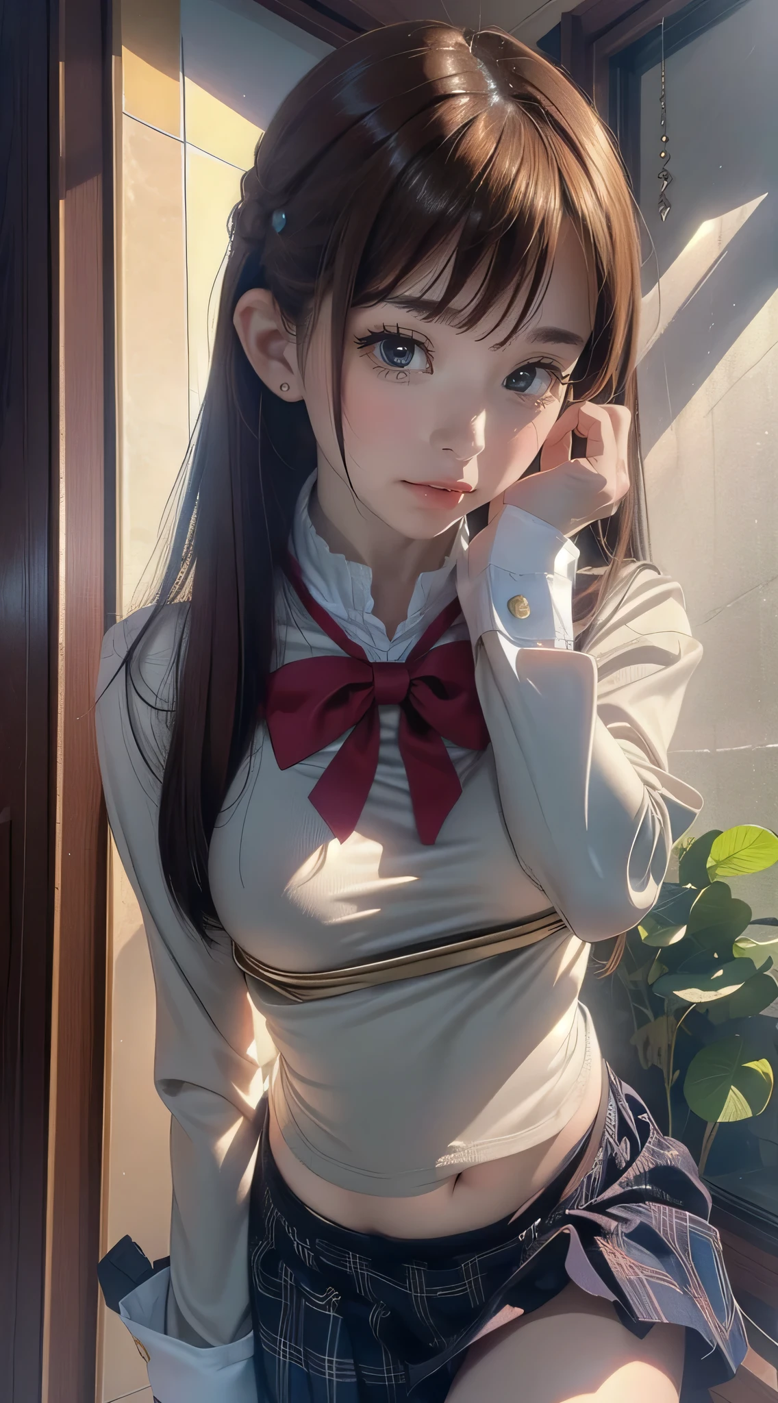 randome pose,From below,(Cinematic scene,Fantasy Art,Highest image quality,hyperrealistic portrait,(8K),Ultra-realistic,Best Quality,High quality,High Definition,high quality texture,high detailing,Beautiful detailed,fine detailed,extremely details CG,Detailed texture,realistic representation of face,masutepiece,presence,Dynamic,Bold),Ultra detailed skin,(Curve,Petite),Beautiful breasts,(Large breasts:1.2),pale skin,pointed breast,Erect nipples,(super thin hair),(ultra soft hair),(ultra straight hair),Swept long bangs,very light coppery amber hair,Hair over one eye,(Clothed:1.5),School uniform