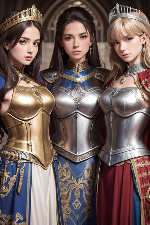 three sisters of different ages, british womens, detailed face perfect face, detailed face, queens armor, queens dress, sexy, lesbians, using sexy armor, full body background in london