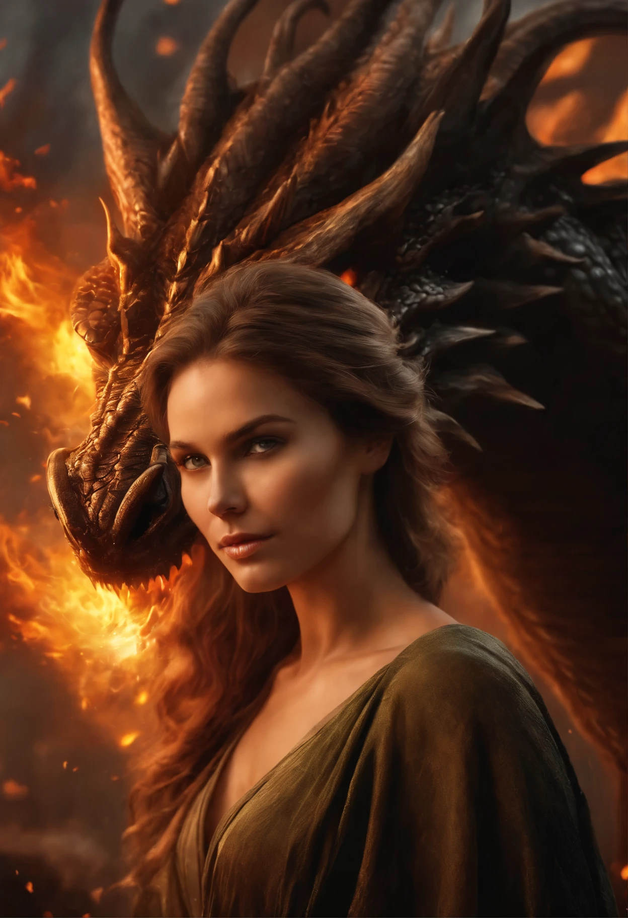 close-up of a green-eyed woman with brown curls and green eyes in a nightgown, standing face to face with a copper gray huge majestic dragon and a scorching fire demon , epic fantasy art style, dark fantasy style art, portrait of fin wildcloak, detailed fanart, fantasy portrait, artistic portrait in epic fantasy style, graphic artist magali villeneuve, male portrait in fantasy style, The Man with the Soul of a Dragon, epic fantasy style art, epic fantasy digital art style