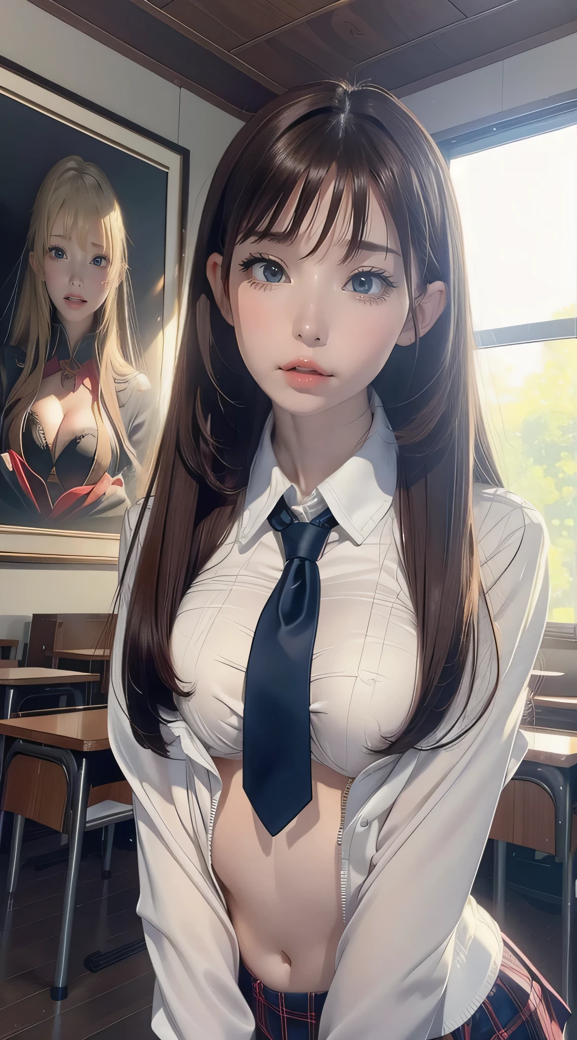 randome pose,From below,(Cinematic scene,Fantasy Art,Highest image quality,hyperrealistic portrait,(8K),Ultra-realistic,Best Quality,High quality,High Definition,high quality texture,high detailing,Beautiful detailed,fine detailed,extremely details CG,Detailed texture,realistic representation of face,masutepiece,presence,Dynamic,Bold),Ultra detailed skin,(Curve,Petite),Beautiful breasts,(Large breasts:1.2),pale skin,pointed breast,Erect nipples,(super thin hair),(ultra soft hair),(ultra straight hair),Swept long bangs,very light coppery amber hair,Hair over one eye,(Clothed:1.5),School uniform