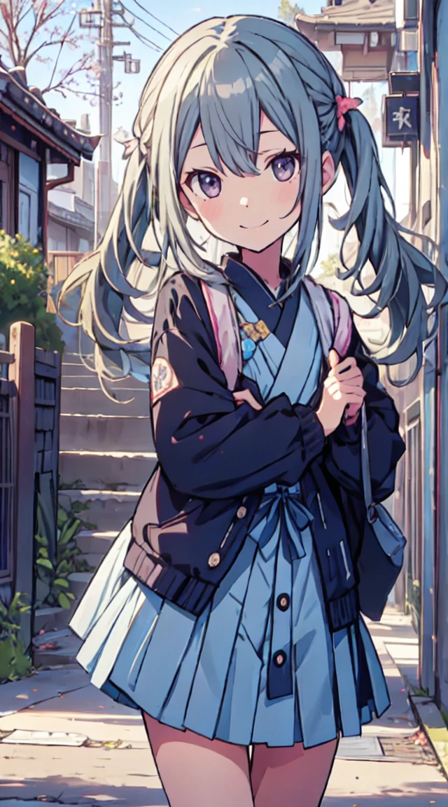 masutepiece, Best Quality,Illustration, Wallpaper, ultra -detail, 1loli、♡、Futomo、Strike a pose with a cheerful smile、校服、In the street