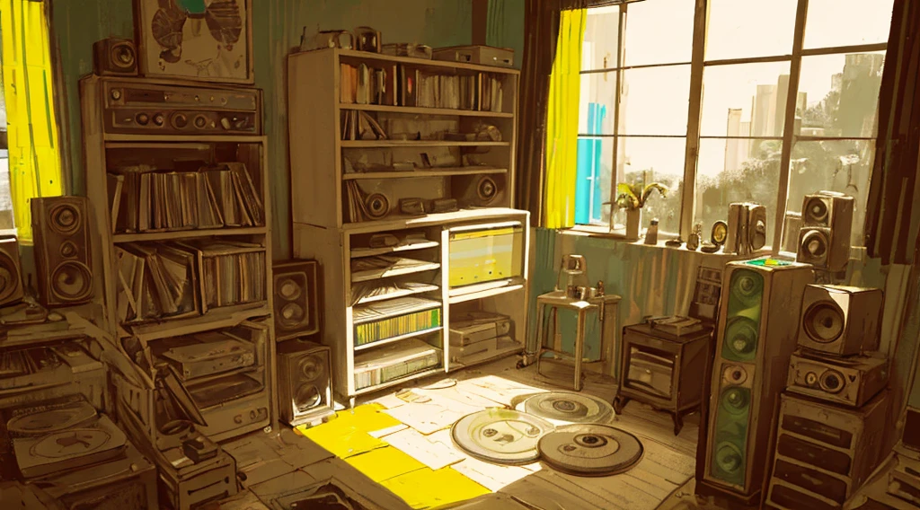 (reggae cassette tapes and records), (room with big speakers, rasta color curtains), (low contrast, flat color, limited palette)