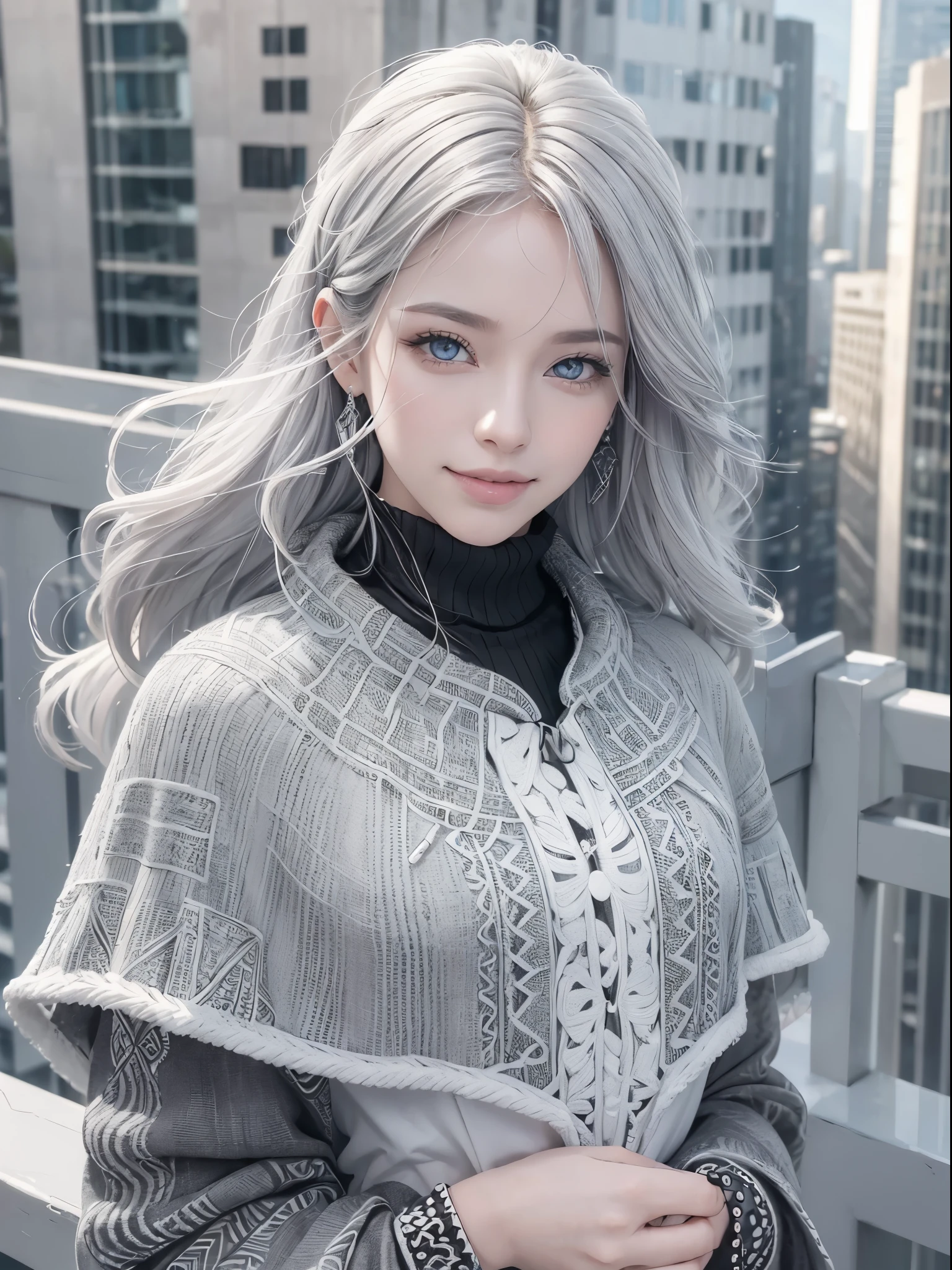 (Realistic:1.8), (Digital art:0.2), (Geometric art:1.7),(agpi official art, beautiful and aesthetic, ultra detailed, beautiful, masterpiece, best quality:1.6), (1girl:1.2), Detailed face, Detailed eyes, Detailed hair, young fingers, Detailed fingers, five fingerREAK cute ig model, Japanese cute model, 22 years old, Tightened all body, small head, small face, small mouth, diamond Face, small nose, Sharp Faceline, (dropy eyes, Double eyelid, Light color eyes, Glossy eyes, Shiny eyes:1.2), Shiny skin, shiny hair, (gray hair:1.2),
_
BREAK (happy, smile, Teeth, Glossy Lip:1.2),beautiful Teeth, (upper body:1.5), sitting, from front,
_
BACKGROUND
(gray urban cityscape with soft lights:1.3)BREAK

POSE
(standing gracefully with arms slightly extended:1.2)BREAK

CAMERA ANGLE
(angled slightly from above, capturing the flowing lines of the poncho:1.2)BREAK

OUTFIT
(fusion of black and white poncho with intricate geometric patterns:1.2), (black skinny jeans:1.1), (ankle boots with subtle pattern details:1.1), (minimalistic silver accessories:1.1)BREAK