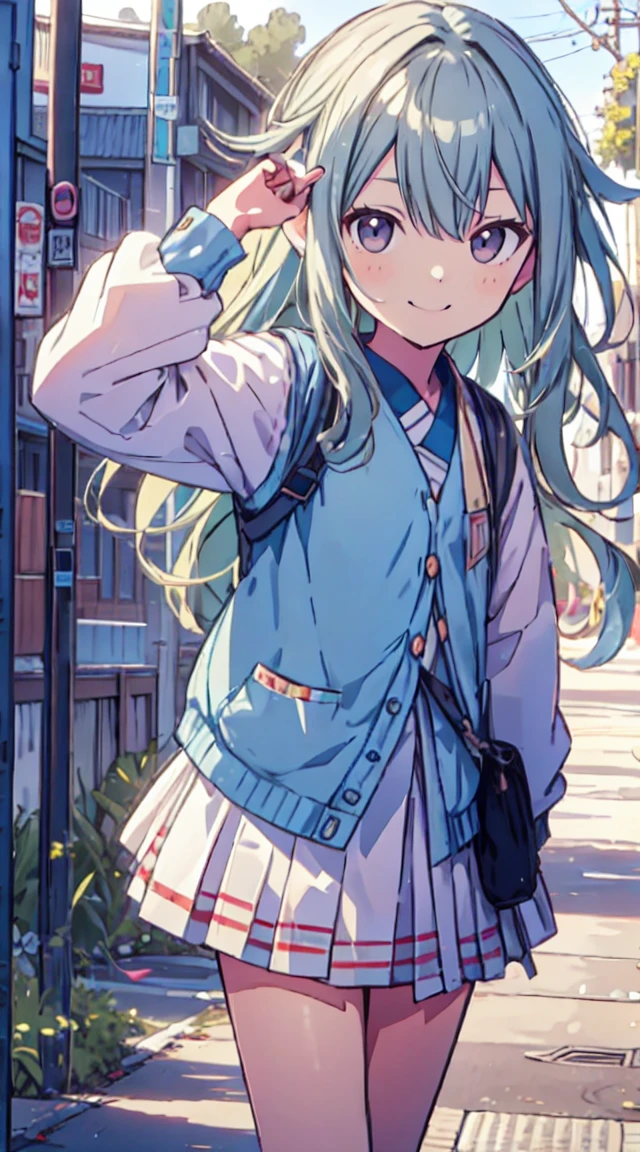 masutepiece, Best Quality,Illustration, Wallpaper, ultra -detail, 1loli、♡、Futomo、Strike a pose with a cheerful smile、校服、In the street