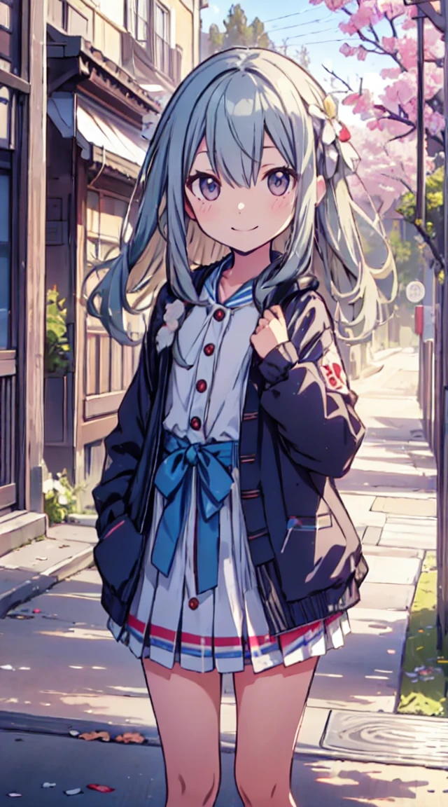 masutepiece, Best Quality,Illustration, Wallpaper, ultra -detail, 1loli、♡、Futomo、Strike a pose with a cheerful smile、校服、In the street