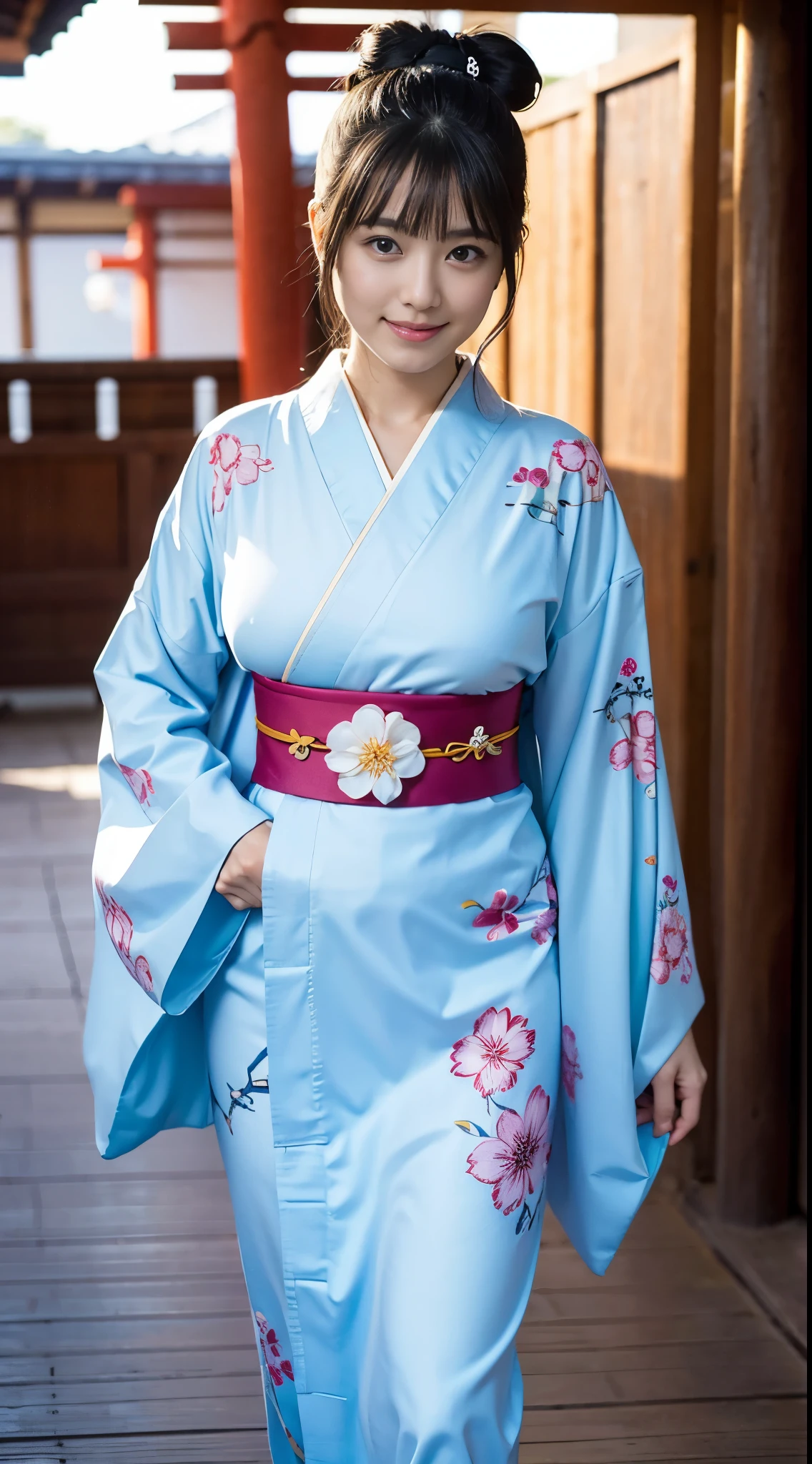 生a picture、1girl in、Incredibly absurd, beautiful a girl, (Cute adult woman), (top knot), depth of fields, hight resolution, ultra-detailliert, (finely detail), ighly detailed, ighly detailedな目と顔, Sharp pupils, Big black eyes, Realistic デート, foco nítido, Cinematic lighting、Eyes and faces with detailed、((Kimono with Japanese pattern))、(ninjartist)、natural soft light、Cowboy Shot Full Length Body、Start walking along the shrine's torii path、Visit a shrine、a closeup、A refreshing smile、tempting look、(Super burst breasts:1.3)、Cameltoe、Bold Pose、Three-dimensional sensation of the body、Realistic、a picture、Detailed texture、yuki、new year