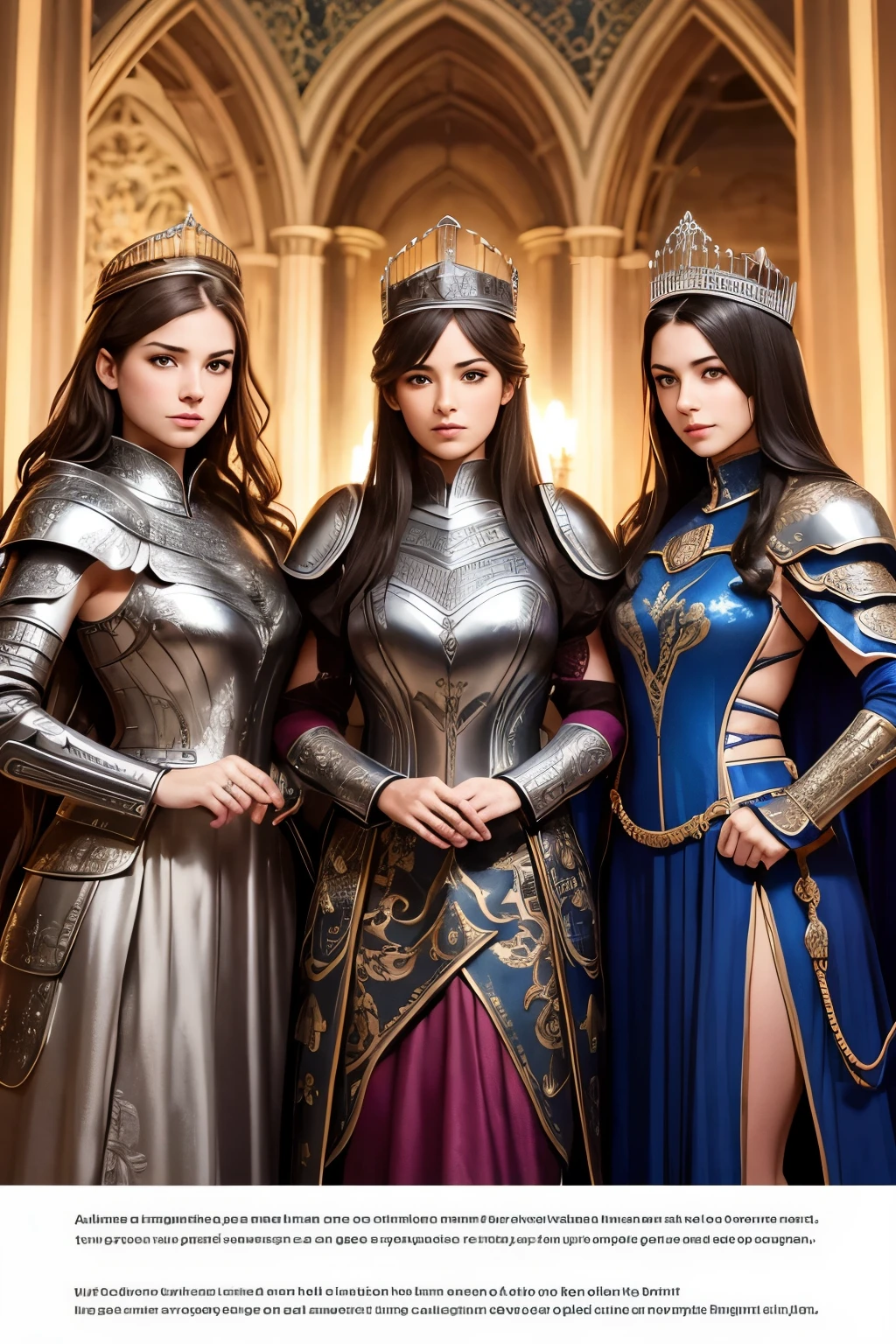 three sisters of different ages, british womens, detailed face perfect face, detailed face, queens armor, queens dress, sexy, lesbians, using sexy armor, full body background in london