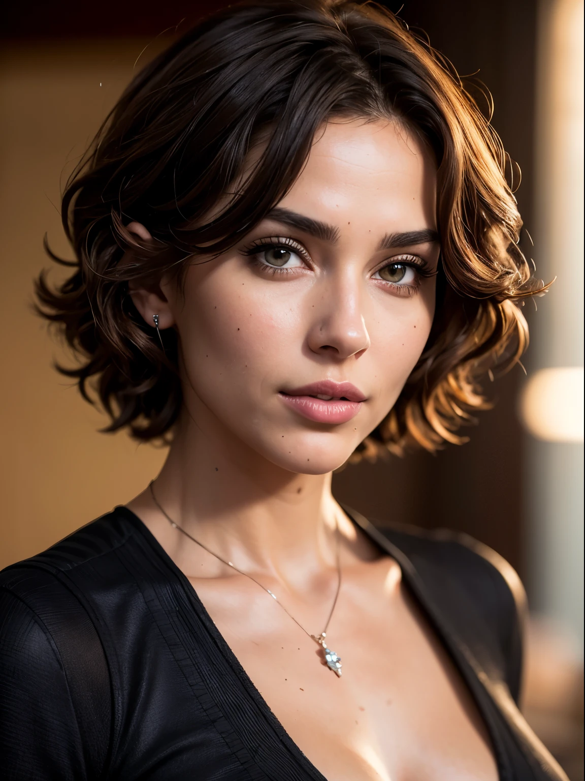 Breathtaking cinematic photo of a 30 year old woman with brown hair and brown eyes, happy, cheerful expression, closed mouth, beautiful lips, intricate details, shallow depth of field, highly detailed, high budget, epic Hollywood film, gorgeous, masterpiece, award-winning, professional, highly detailed, detailed skin texture, (blush: 0.5), (goosebumps: 0.5). (the most beautiful woman in the world) (brown hair) (short curly hair, wild hair, stylish cut) thin face, thin nose, beautiful, very beautiful, perfect face, slender body (slender), (brown hair) (brown eyes ) (white skin) Beautiful body, western face, predatory eyes, pink lips, thick thighs. full body, western beauty, thin nose, beautiful, perfect, ((best quality)), ((ultra resolution)), ((photorealistic: 1.4)), (intricate details), perfect face, makeup: 1.5 , clear face, facial details. front view ((uniform, tactical costume, agent costume, spy))