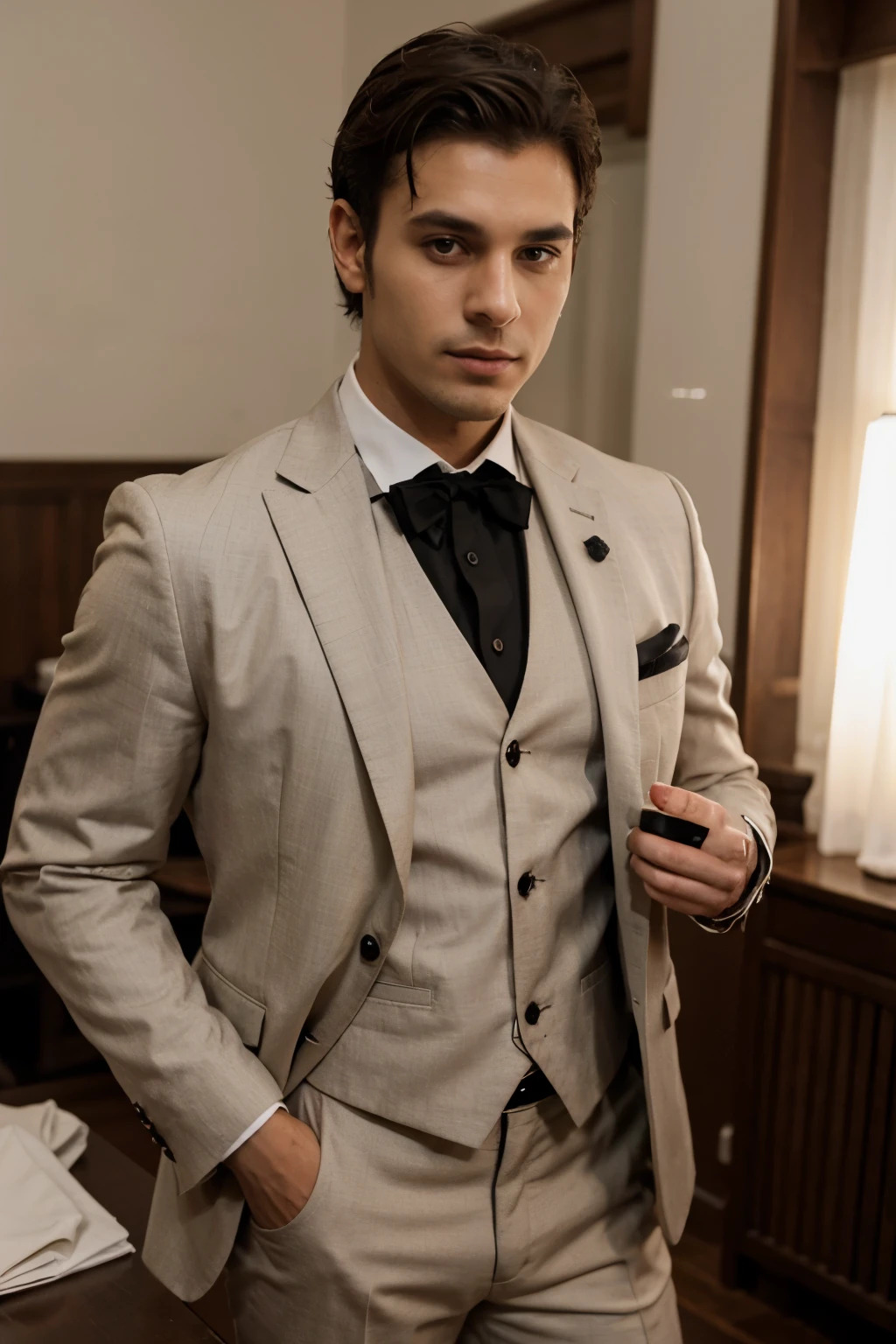 Homem elegante de terno preto bebendo whisky