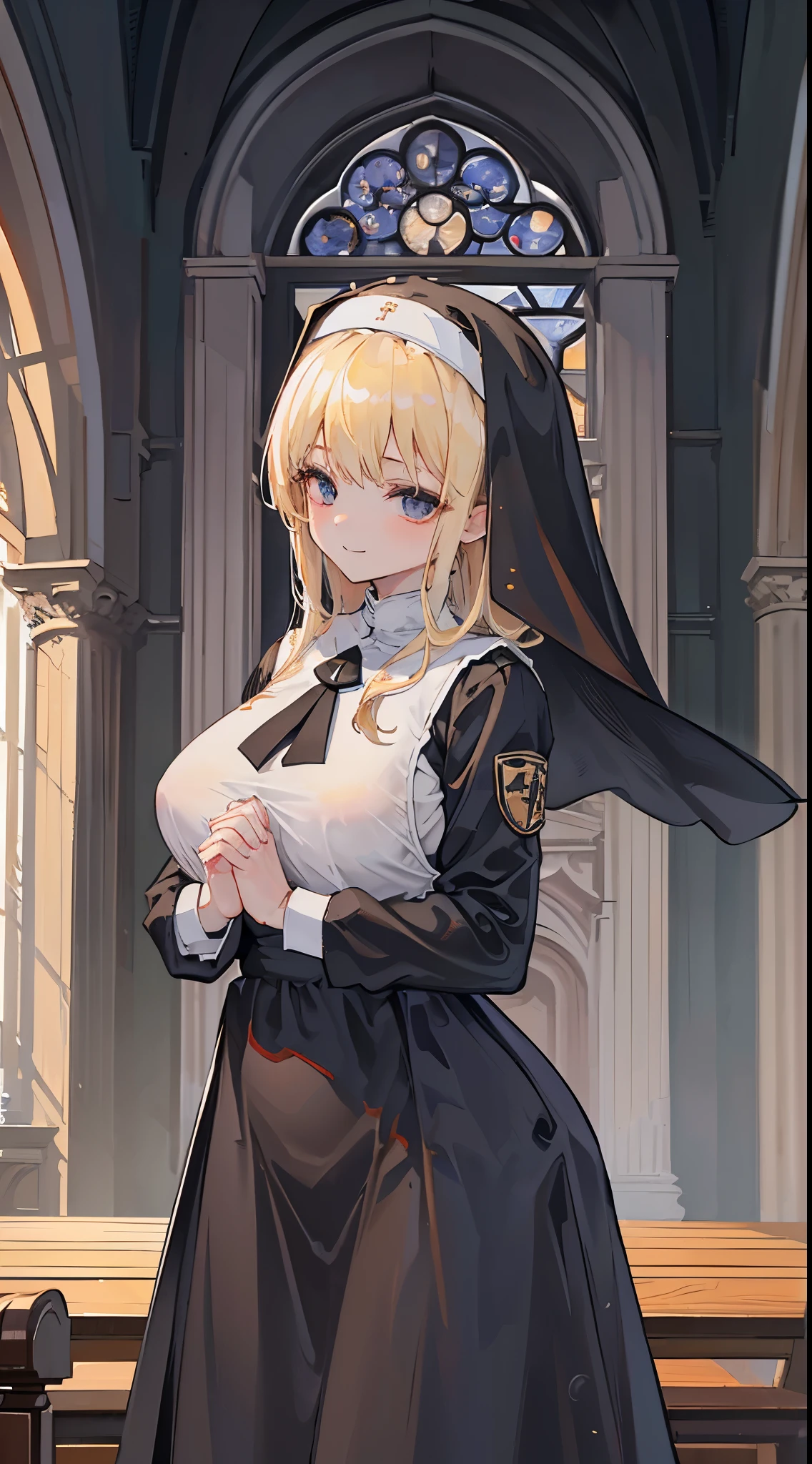 (8K、Top image quality、top-quality、​masterpiece)、A detailed face、1 girl in、a blond、blunt bangs、Gray eyes、smil、large full breasts、black nun、Praying hands、long skirt、shiny、cowboy  shot、church background