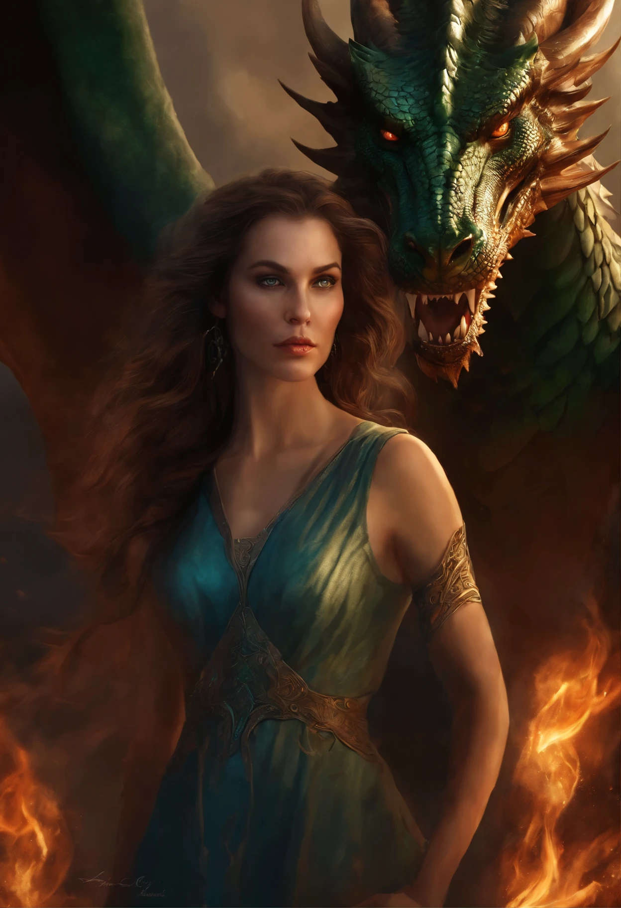 close-up of a green-eyed woman with brown curls and green eyes wearing a blue nightgown, standing face to face with a copper gray huge majestic dragon and a scorching fire demon , epic fantasy art style, dark fantasy style art, portrait of fin wildcloak, detailed fanart, fantasy portrait, artistic portrait in epic fantasy style, graphic artist magali villeneuve, male portrait in fantasy style, The Man with the Soul of a Dragon, epic fantasy style art, epic fantasy digital art style